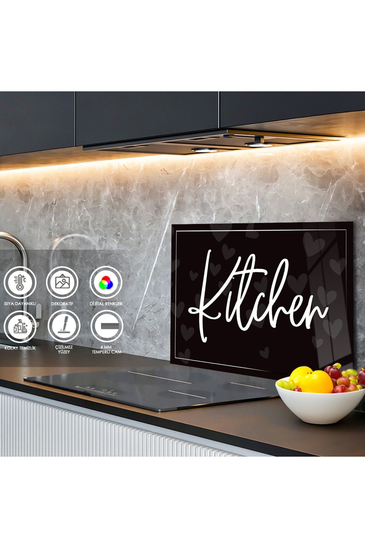 Ocak Arkası Temperli Cam Siyah Arka Planlı Kalpli "Kitchen" Yazılı