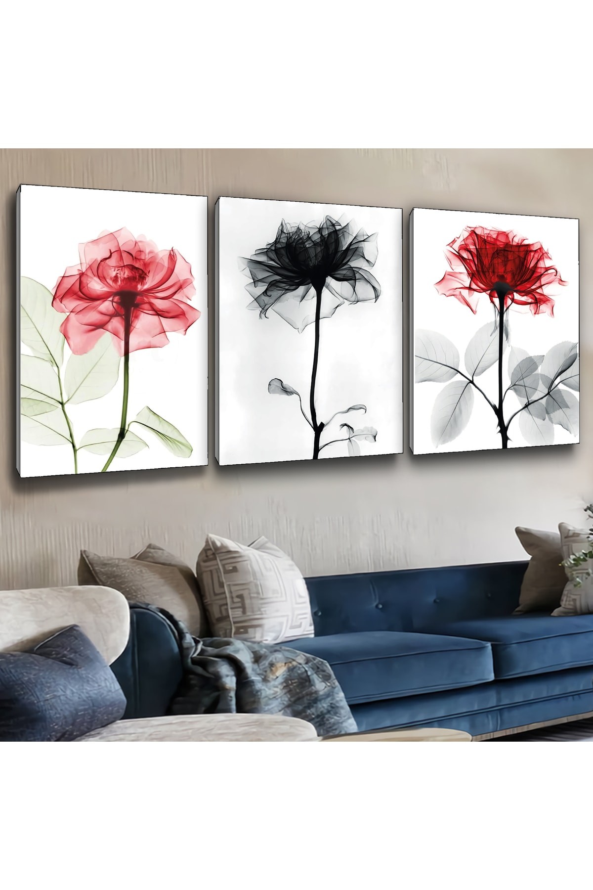 3'Lü Ahşap Şase Dijital Baskı Kanvas Modern Çiçek Resim Tablo