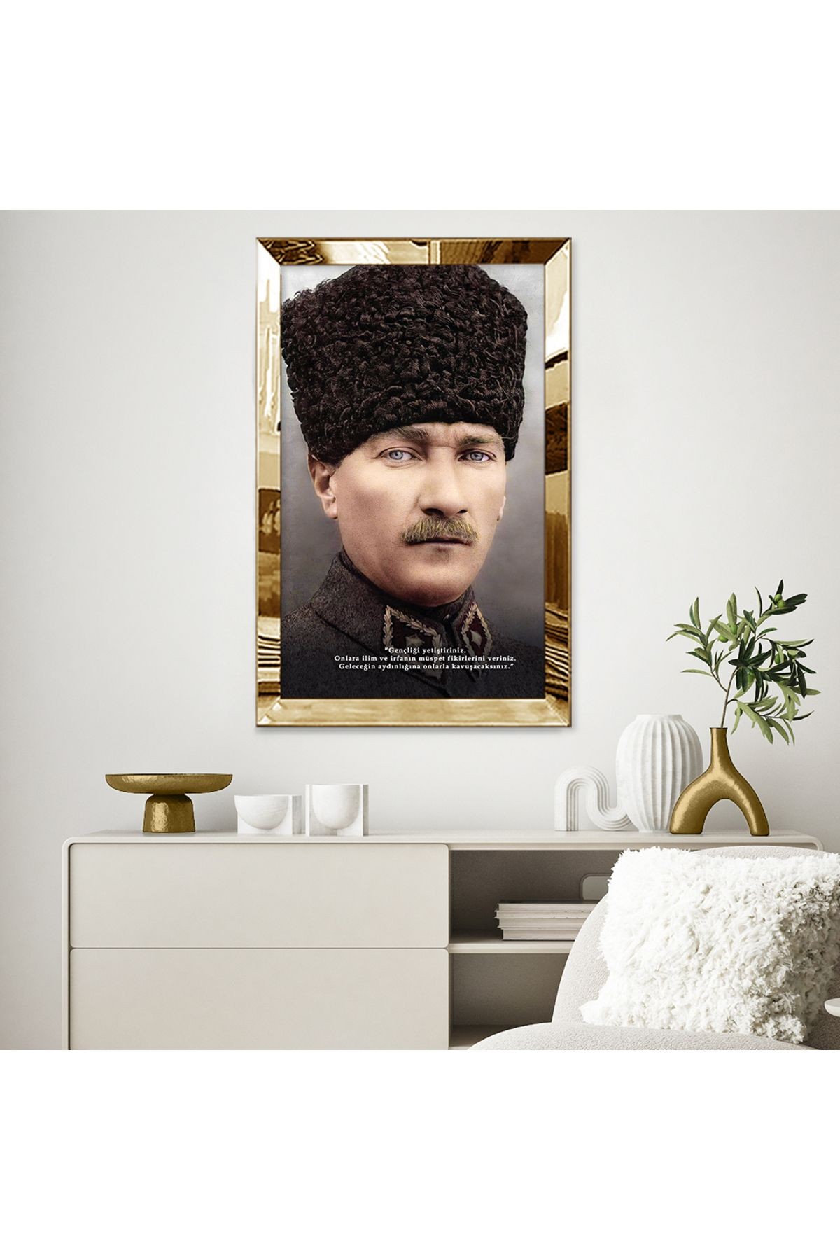 Gold Aynalı Pleksi Çerçeveli Mustafa Kemal Atatürk Mdf Tablo