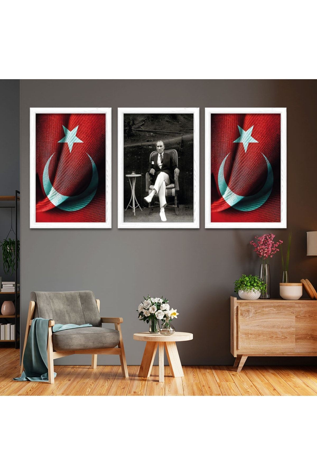 Beyaz Ahşap Çerçeveli Mustafa Kemal Atatürk Tablo