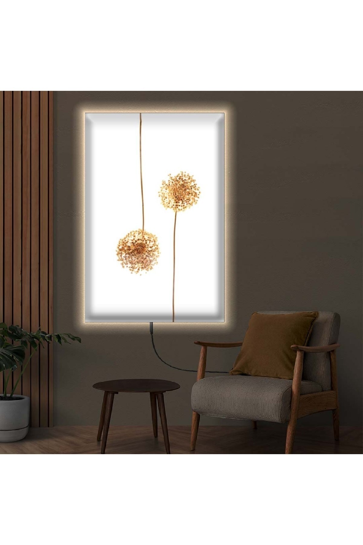 Sanatsal Ledli Sonbahar Çiçekleri Ahşap Şase Dijital Baskı Kanvas Tablo 70X100Cm