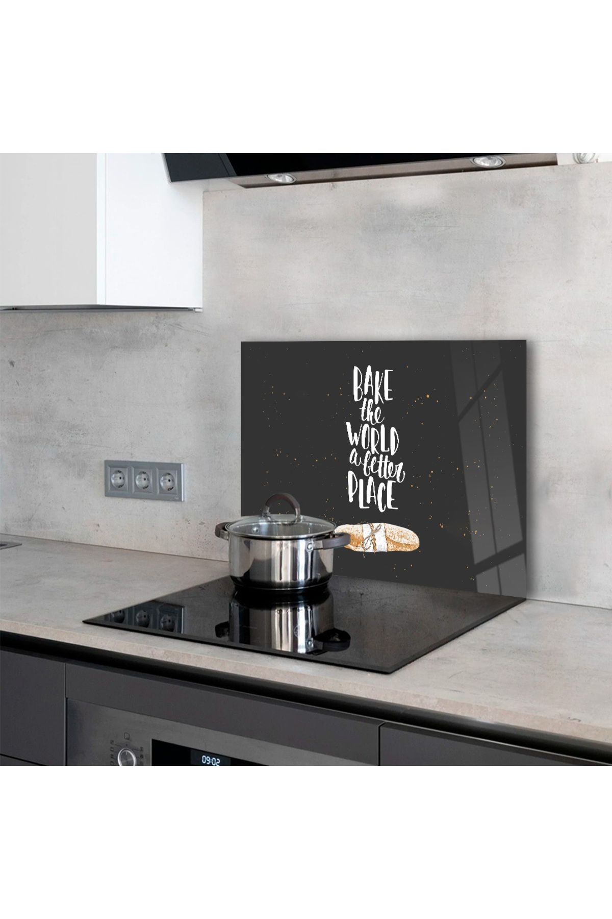 Ocak Arkası Temperli Cam "Bake The World A Better Place" Yazılı