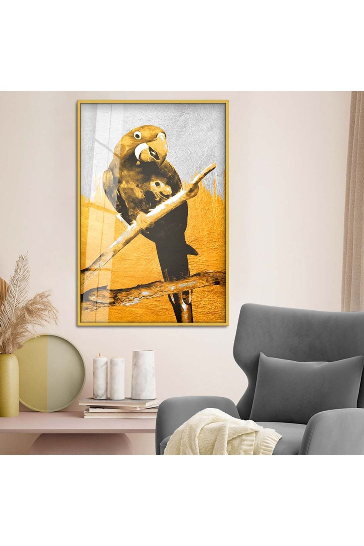 Gold Metal Çerçeveli Modern Çizim Papağan Figür Kırılmaz Cam Tablo