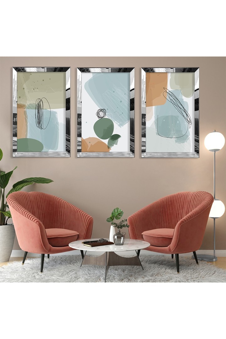 Minimalist Tablo Soyut Desen Gold Pleksi Kenar 3'Lü Solmaz MDF Tablo