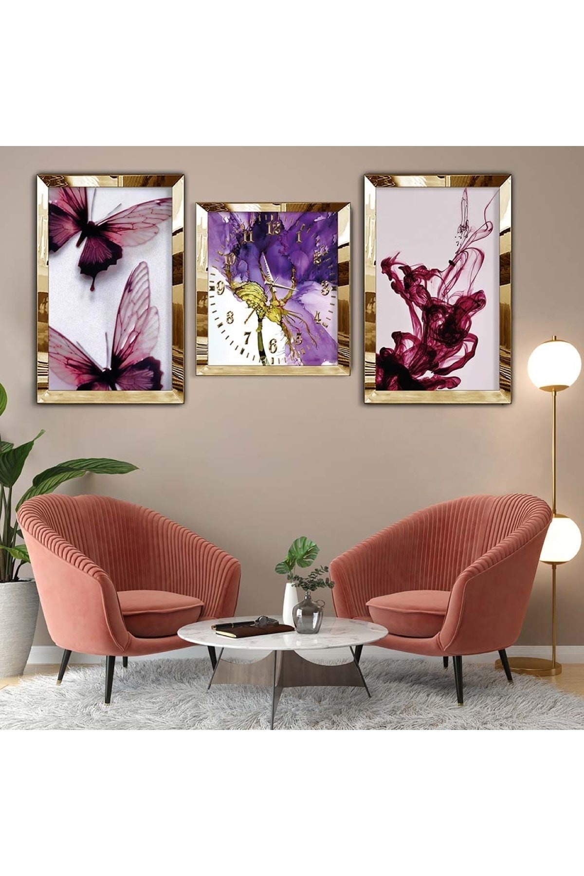 Canlı Modern Tablo Gold Pleksi Kenar 3'Lü Solmaz MDF Tablo Saat Seti