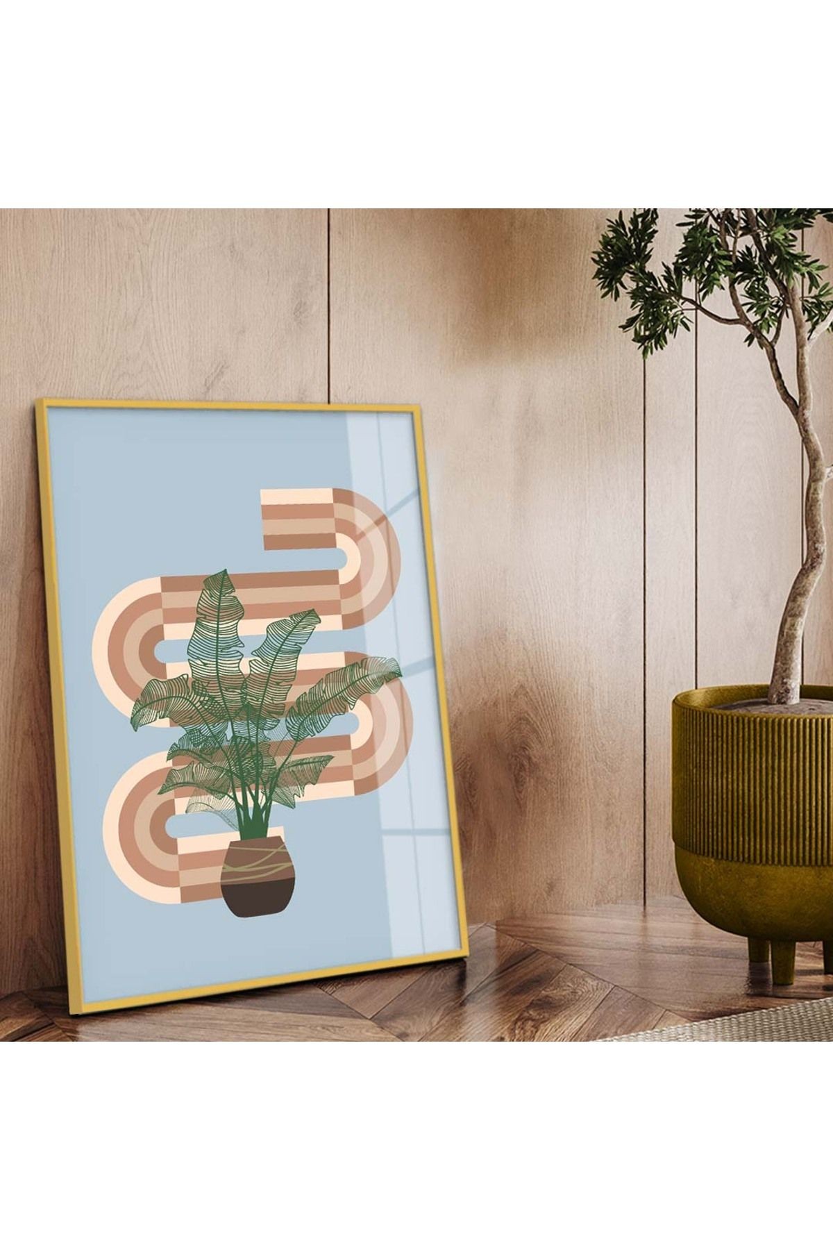 Gold Metal Çerçeveli Modern Çizim Bitki Tema Kırılmaz Cam Tablo
