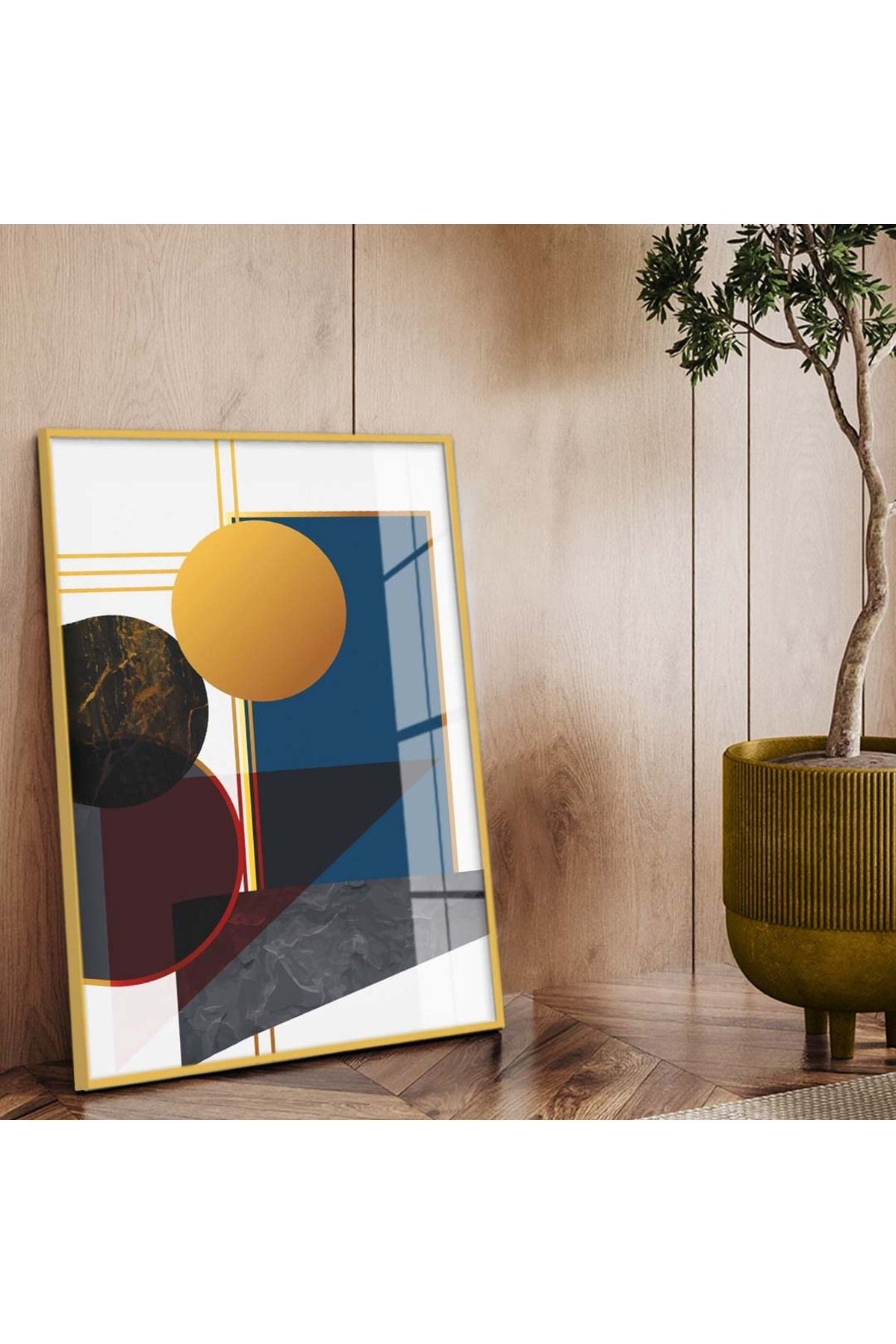 Gold Metal Çerçeveli Modern Çizim Geometrik Desen Kırılmaz Cam Tablo