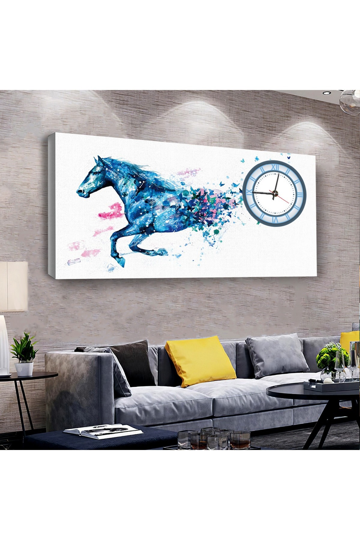 Mavi At saatliAhşap Şase Dijital Baskı Kanvas Tablo 100X50Cm