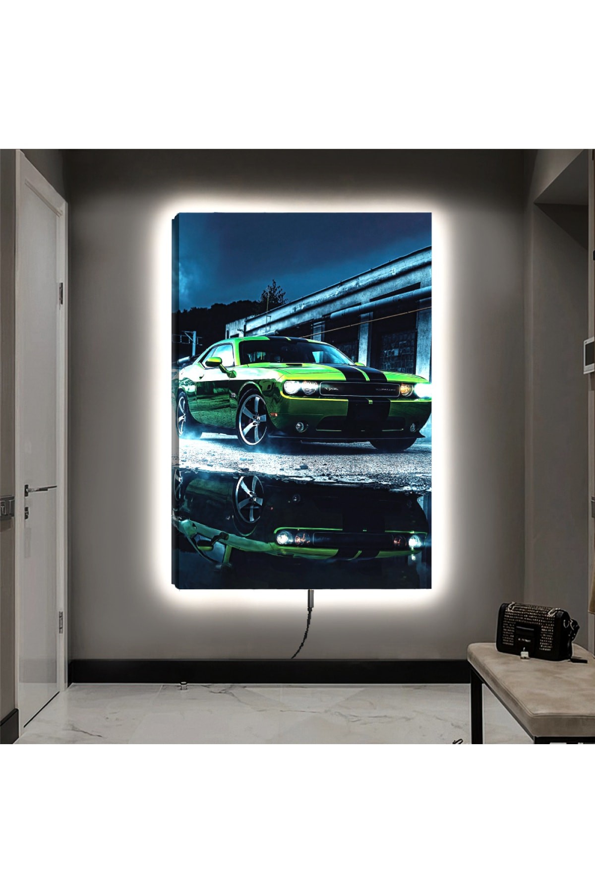 Sanatsal Ledli Spor Araba Ahşap Şase Dijital Baskı Kanvas Tablo 90X60Cm