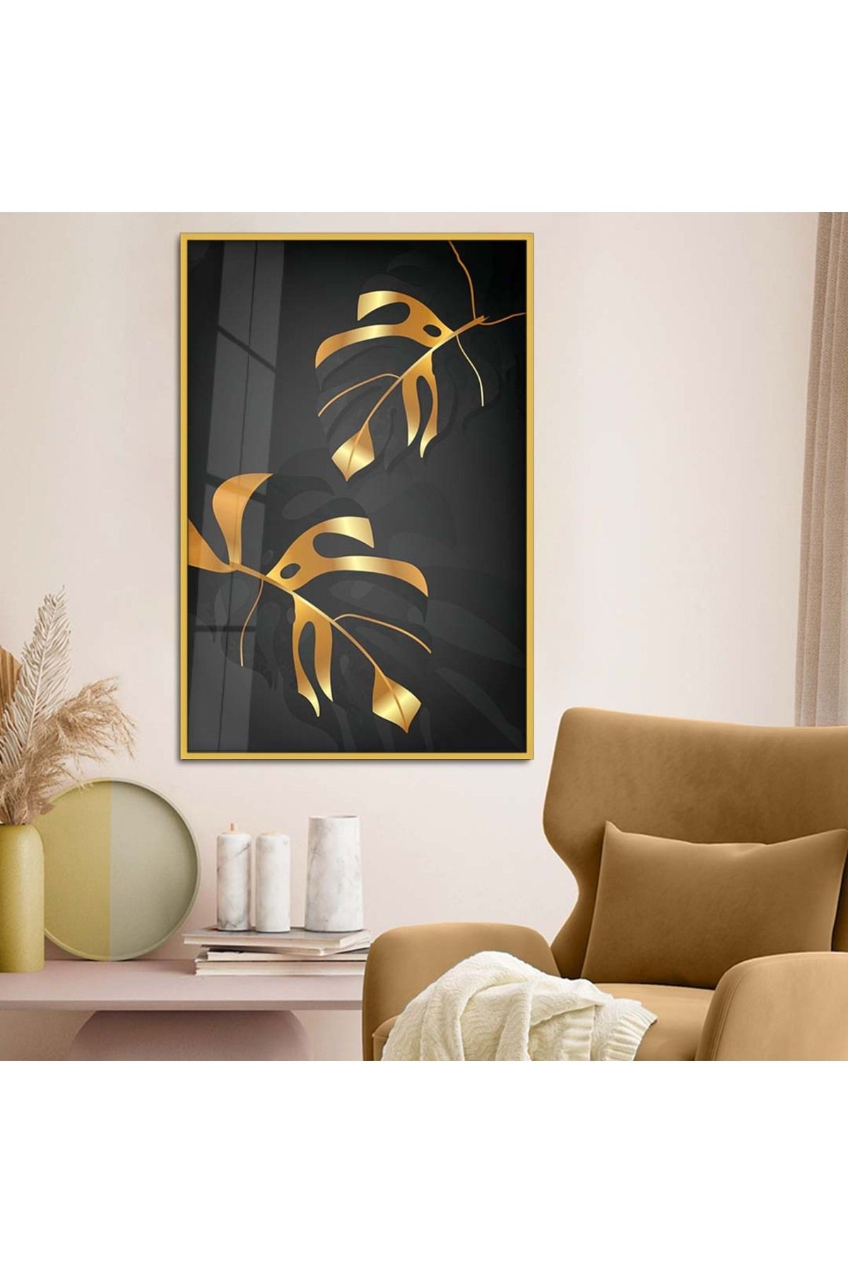 Gold Metal Çerçeveli Kolaj Çizim Yaprak Desen Kırılmaz Cam Tablo