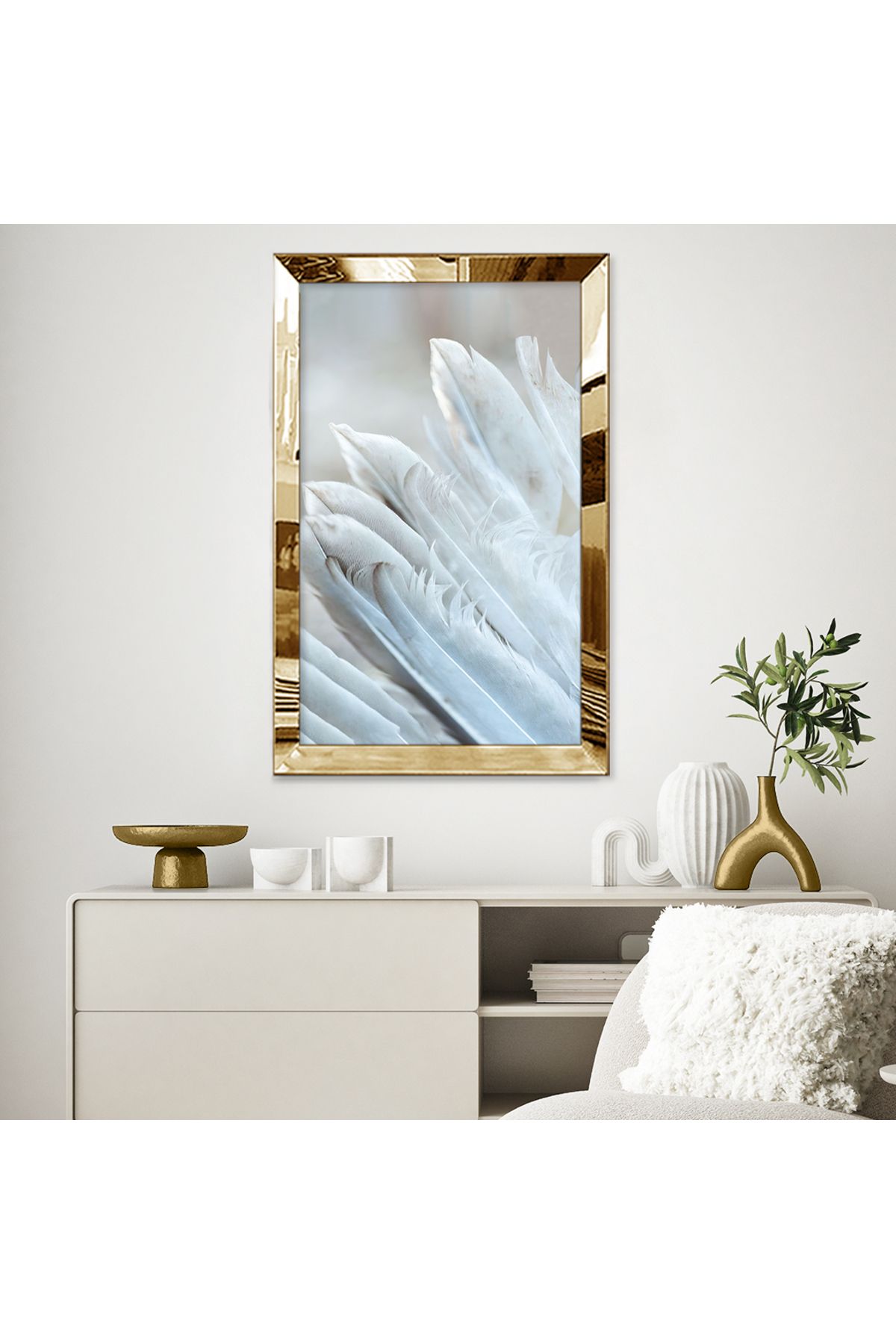 Gold Aynalı Pleksi Çerçeveli Beyaz Kuş Tüyleri Mdf Tablo