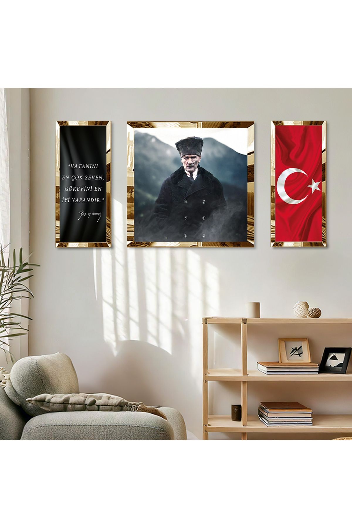 Gold Aynalı Pleksi Çerçeveli Atatürk Türk Bayrağı Ve Gazi Mustafa Kemal Imzası Kare Tablo Seti