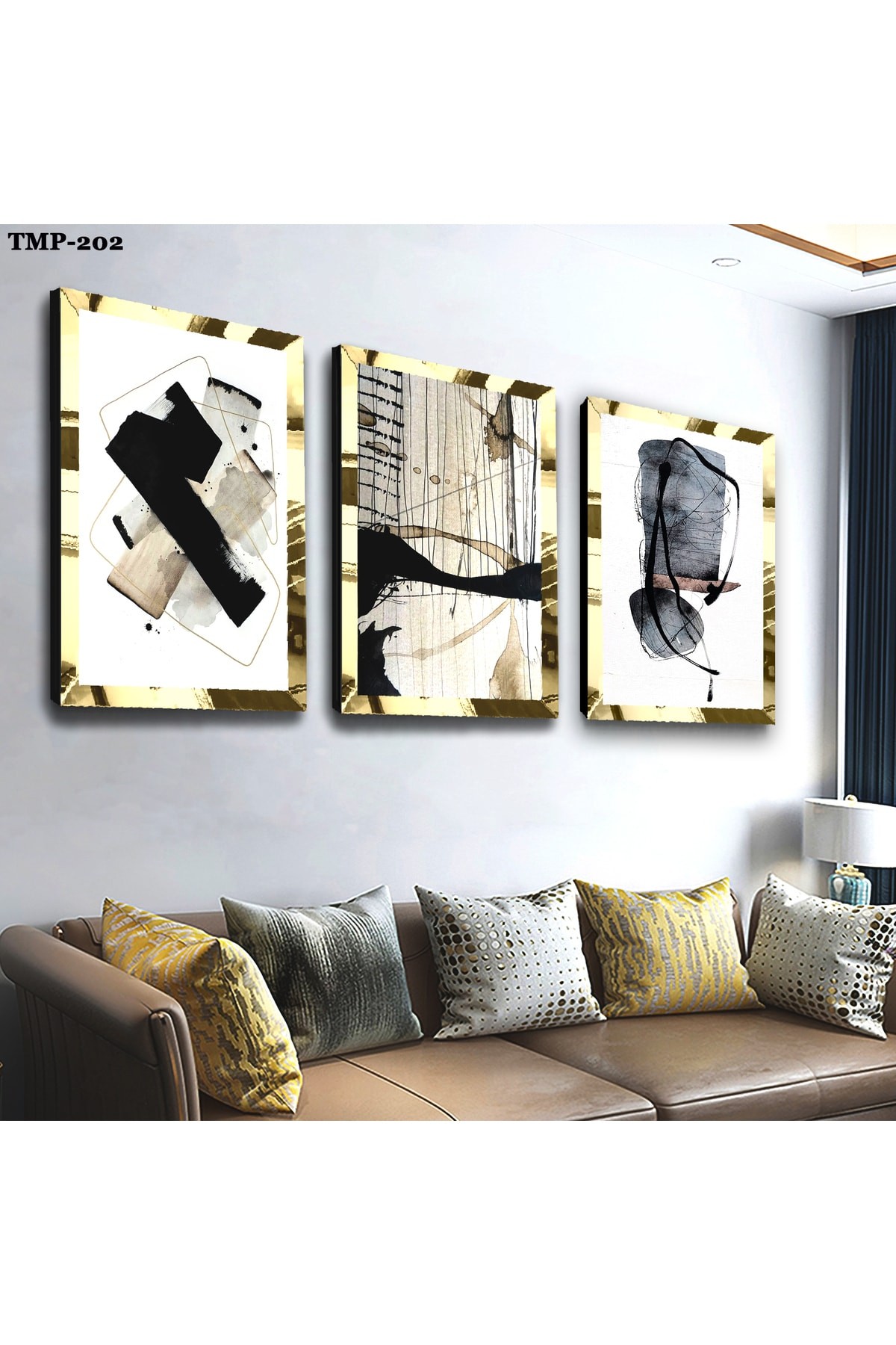 Salon Tablosu Kolaj Çizim Gold Pleksili Saat Ve Solmaz MDF Tablo