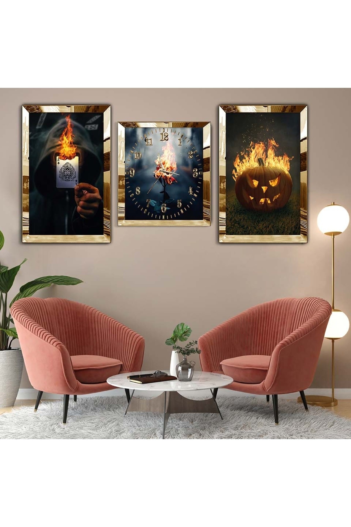 Modern Sanat Tablosu Gold Pleksi Kenar 3'Lü Solmaz MDF Tablo Saat Seti