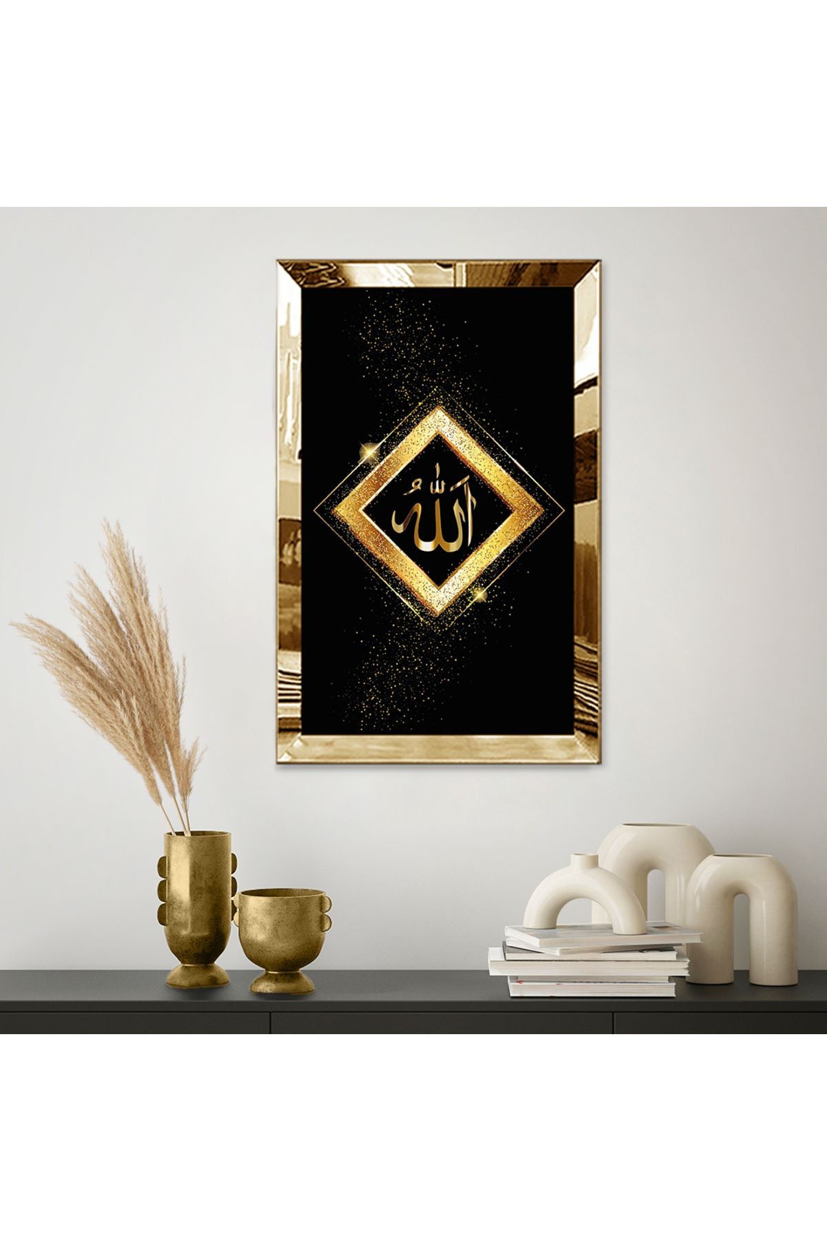 Gold Aynalı Pleksi Çerçeveli Siyah Arka Planlı Altın Pırıltılı Altın Allah Lafzı Mdf Tablo