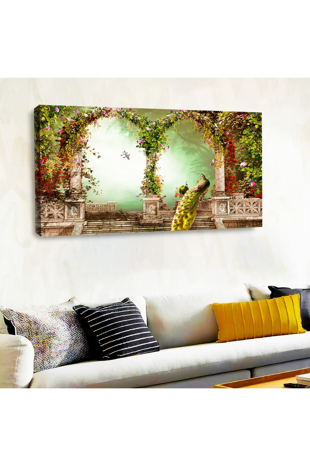 Ahşap Şase Dijital Baskı Kanvas Tavus Kuşu Ve Çiçek Tablosu 120X60Cm
