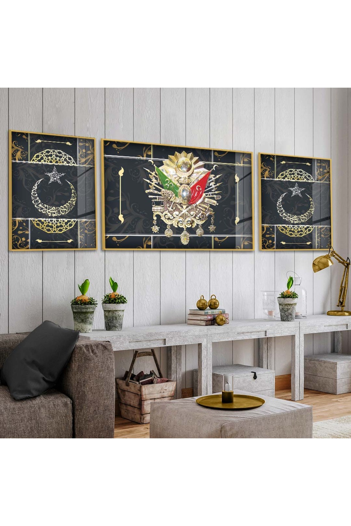 Salon Tablosu Osmanlı Tuğrası 3'Lü Metal Çerçeveli UV Baskı Kırılmaz Cam Tablo