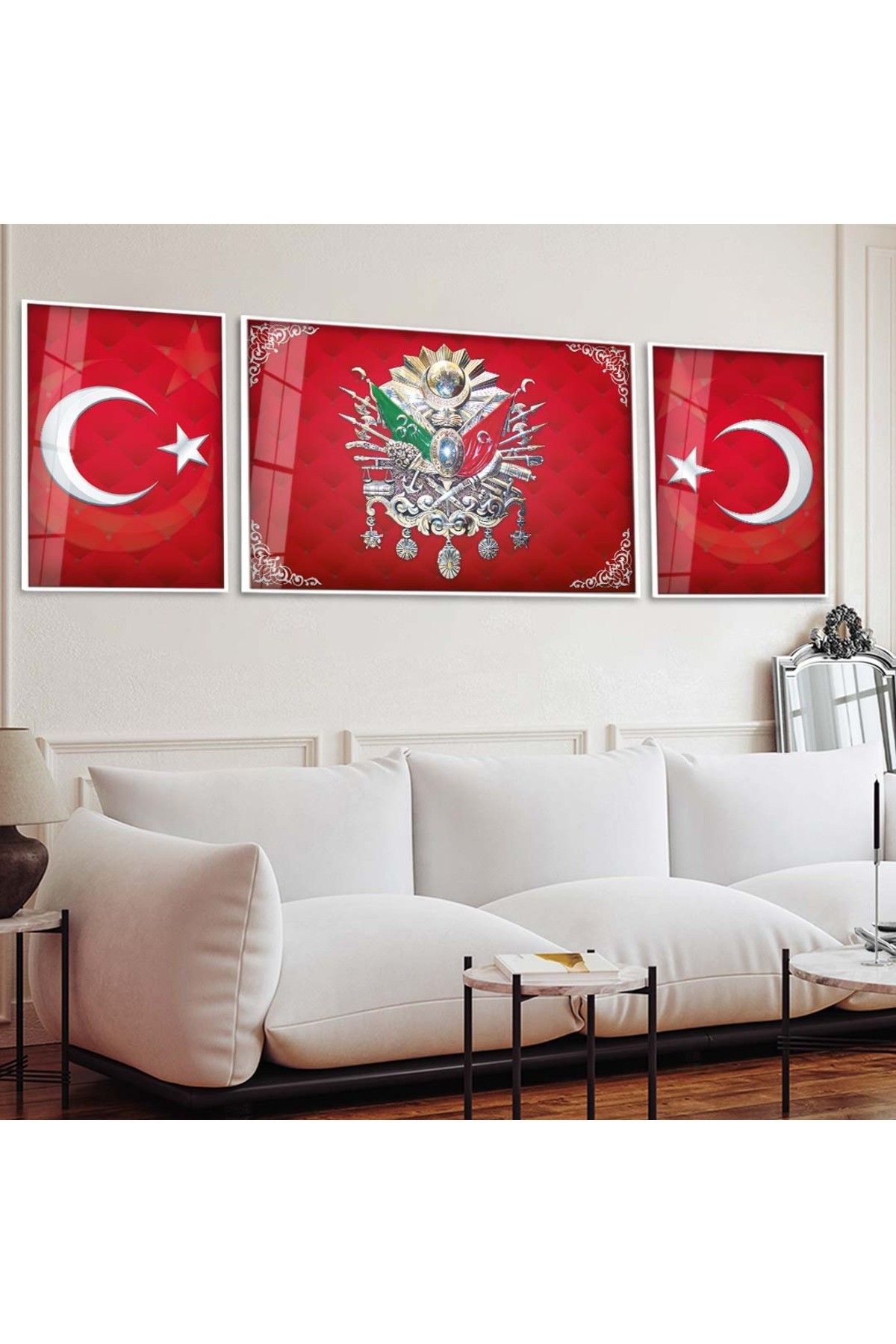 Huzur Osmanlı Tuğrası  3'Lü Metal Çerçeveli UV Baskı Kırılmaz Cam Tablo