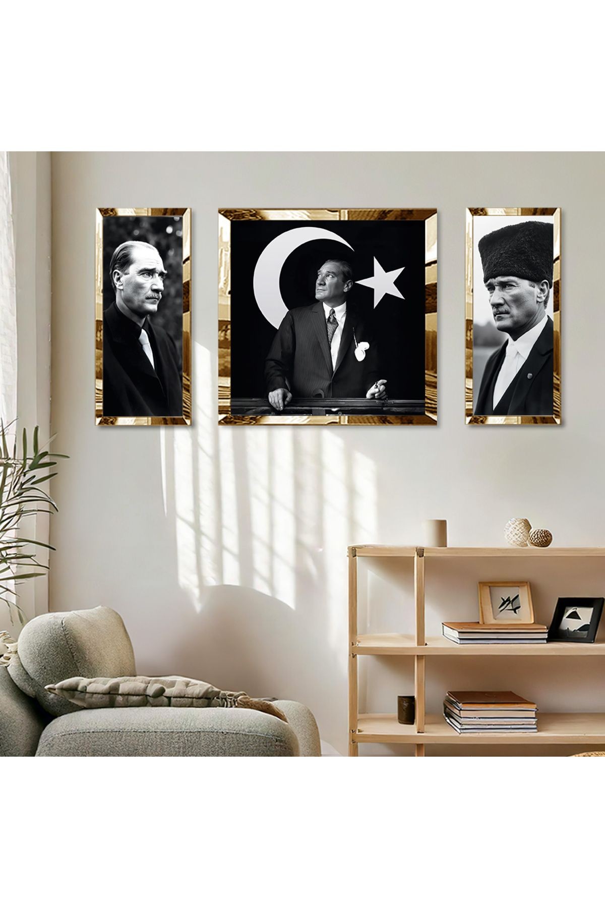 Gold Aynalı Pleksi Çerçeveli Siyah Beyaz Atatürk Ve Ay Yıldız Kare Tablo Seti