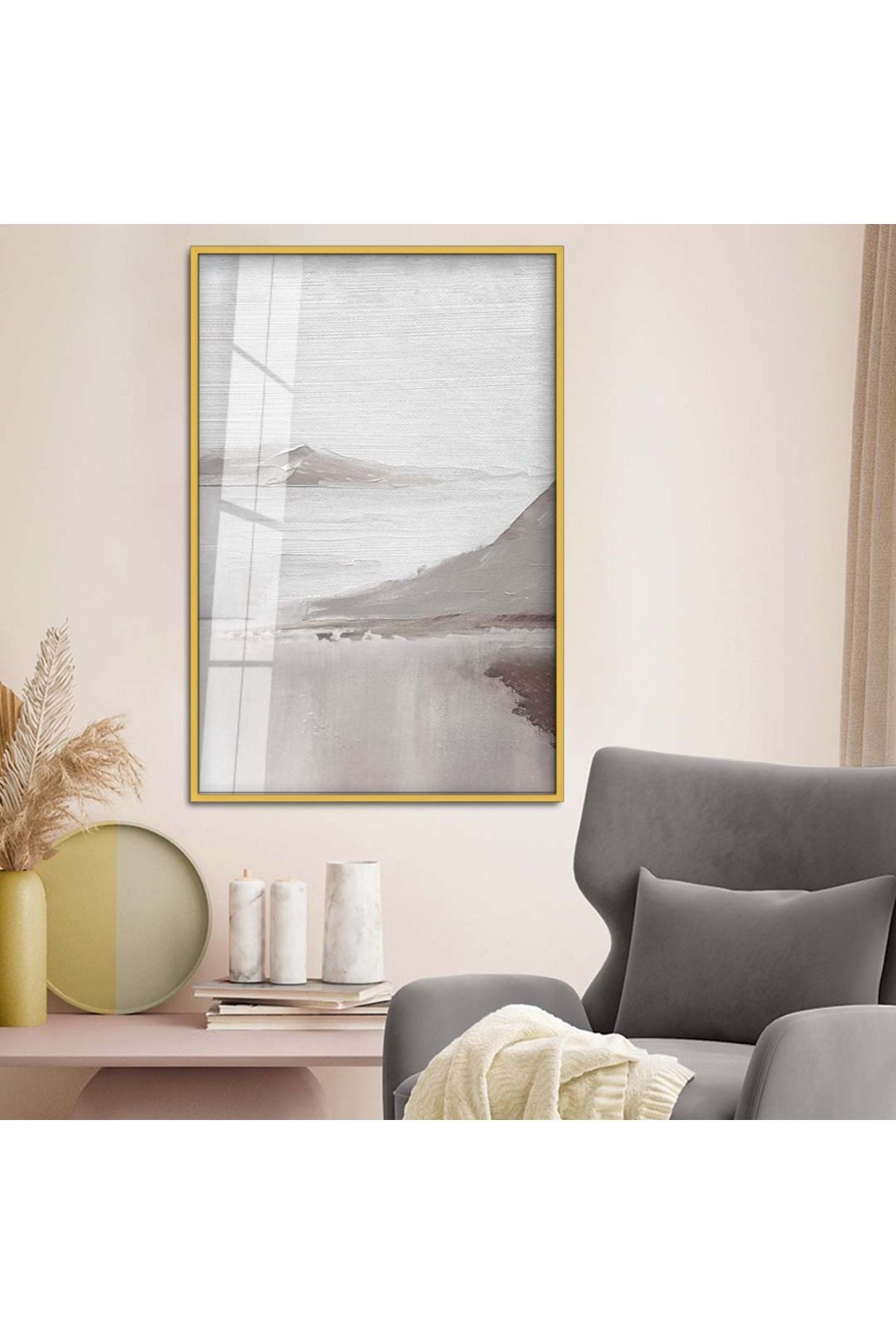 Gold Metal Çerçeveli Modern Çizim Dağ Tema Kırılmaz Cam Tablo