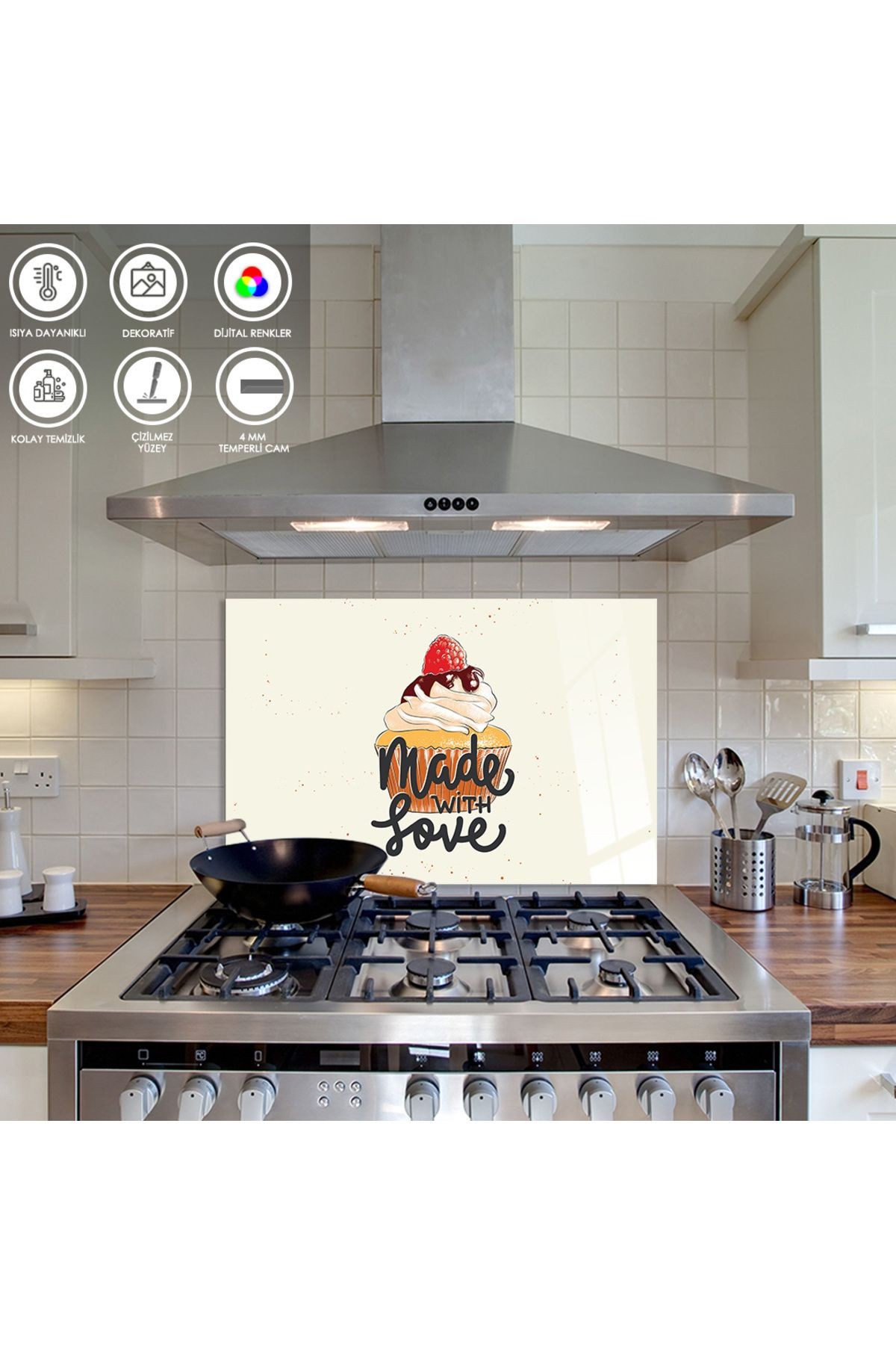 Ocak Arkası Temperli Cam Cupcake Çizimli "Made With Love" Yazılı