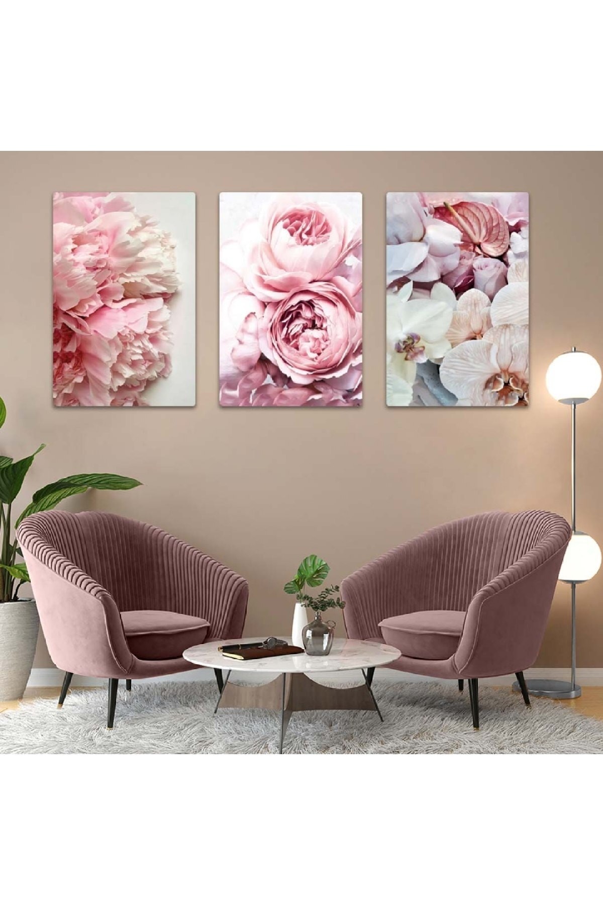 Pembe Güller 3'Lü Ekstra Dayanıklı Solmaz MDF Tablo Set