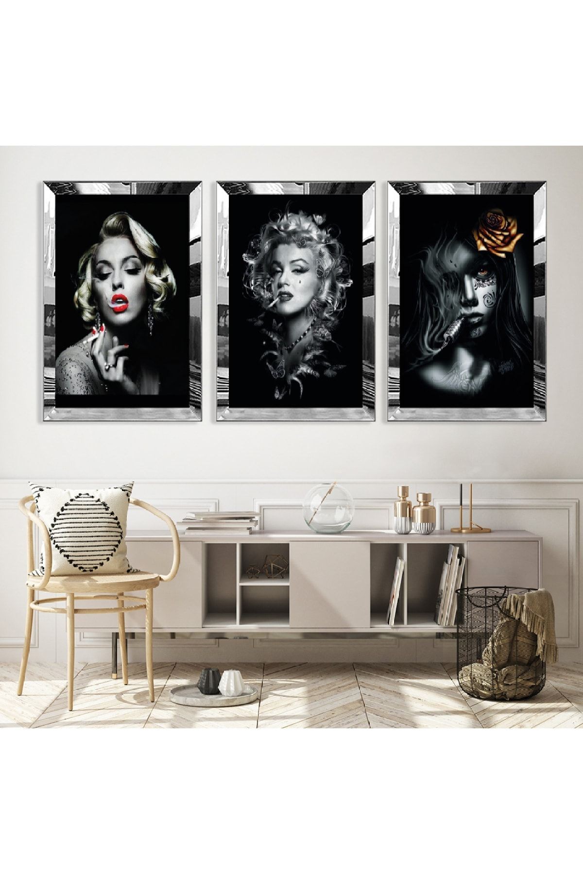 Gold Aynalı Pleksi Çerçeveli Marilyn Monroe Üçlü Mdf Tablo Seti