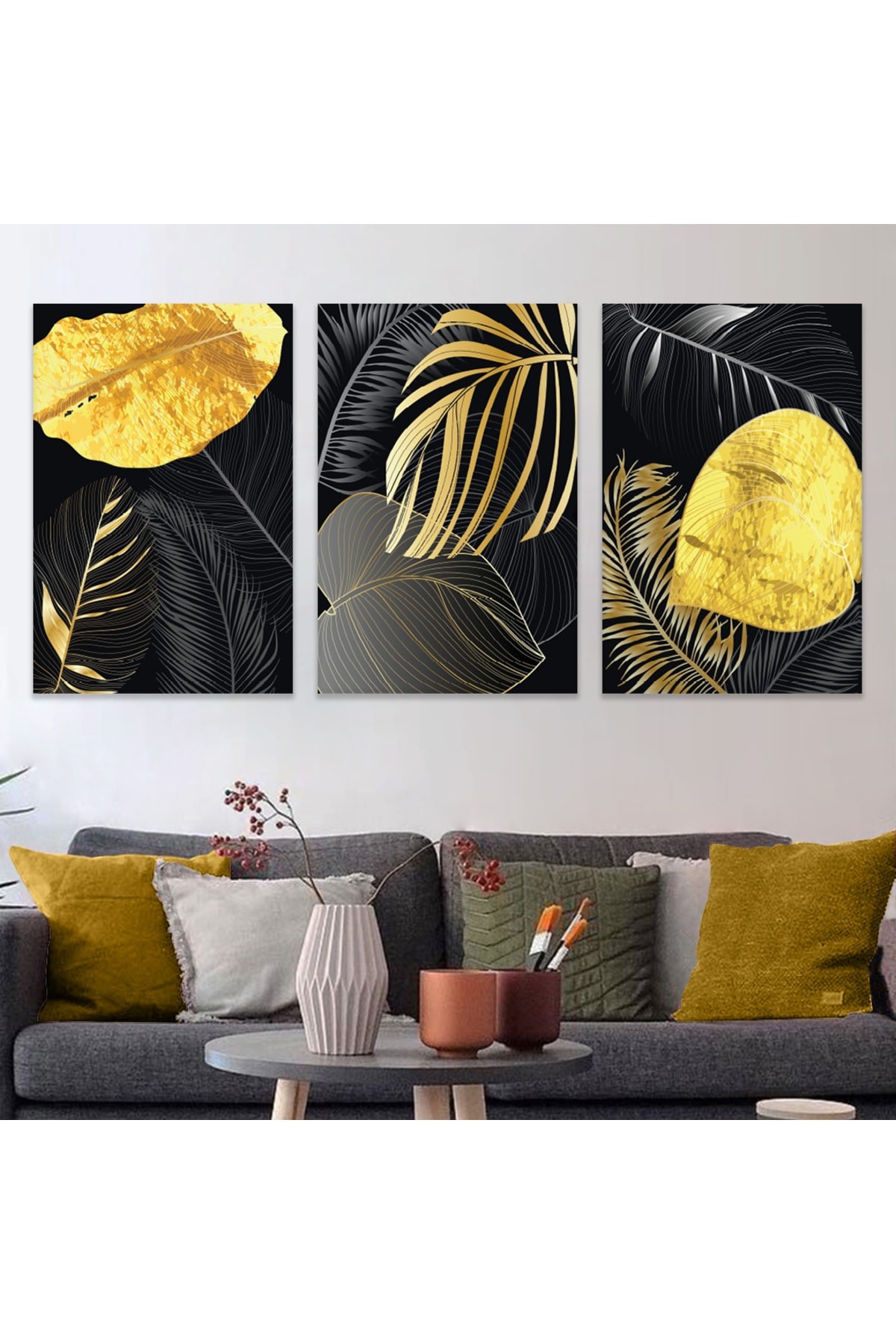 Minimalist Soyut Desen Yaprak 3'Lü Ahşap Şase Dijital Baskı Kanvas Tablo