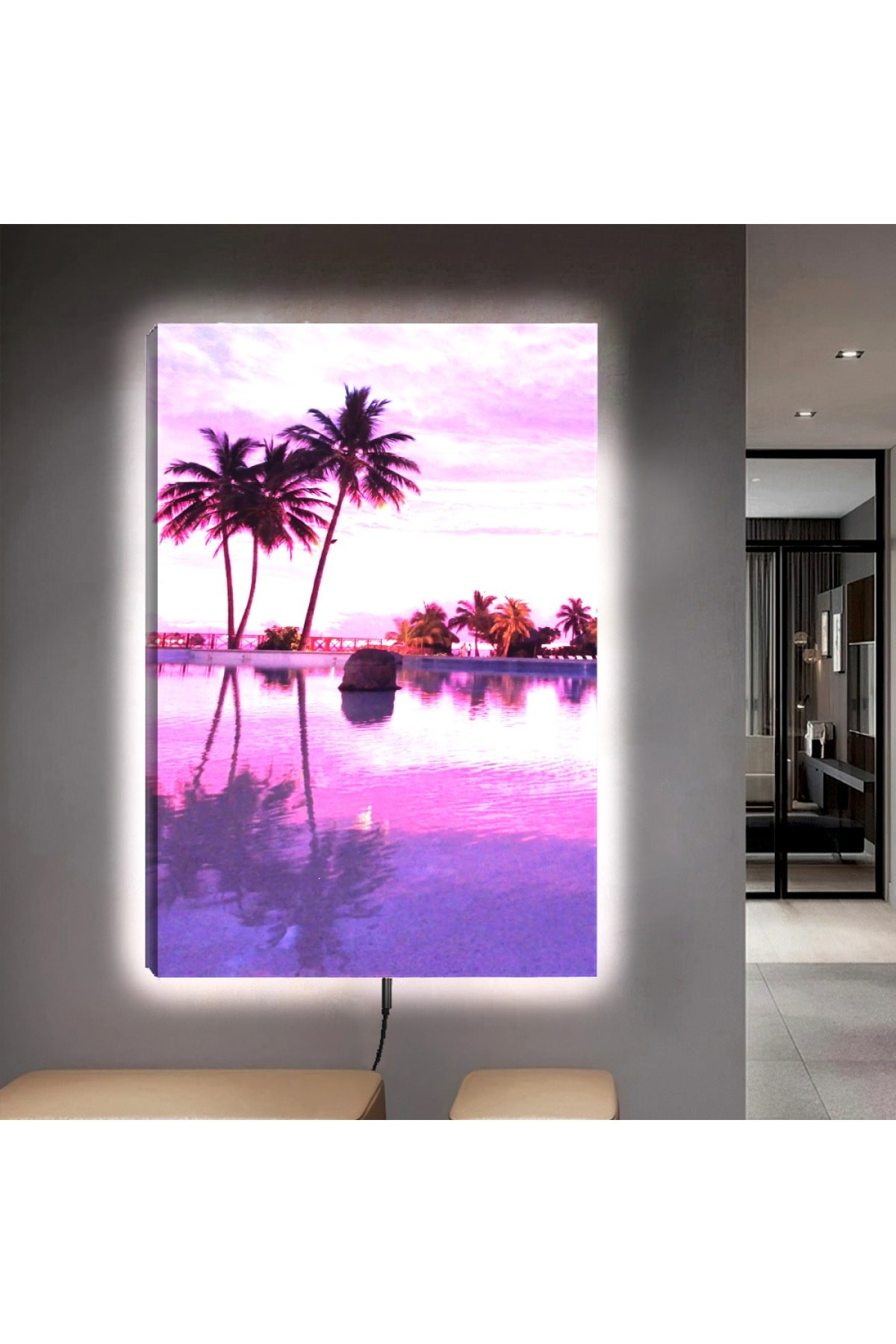 Ledli Deniz Kenarı Manzara Ahşap Şase Dijital Baskı Kanvas Tablo 90X60Cm