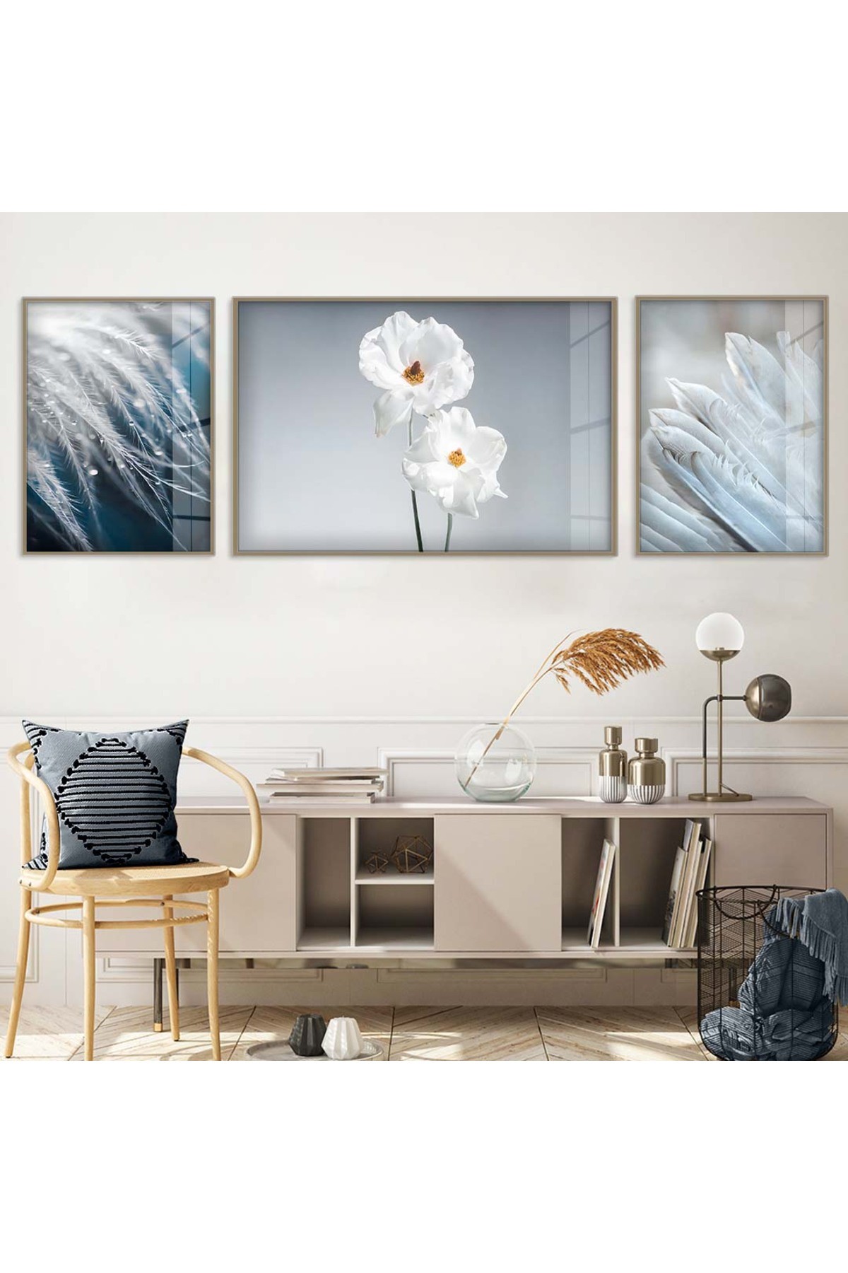 Özel Tasarım Beyaz Çiçek 3'Lü Metal Çerçeveli UV Baskı Kırılmaz Cam Tablo