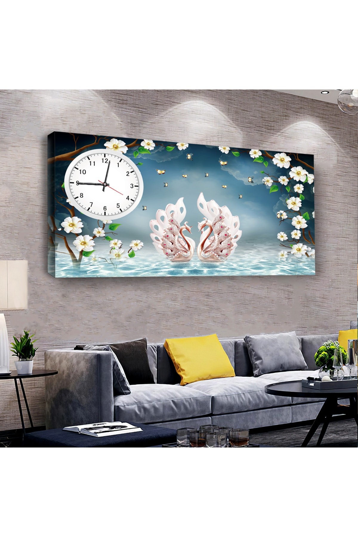 Tasarım Aşk Kuşları saatliAhşap Şase Dijital Baskı Kanvas Tablo 100X50Cm