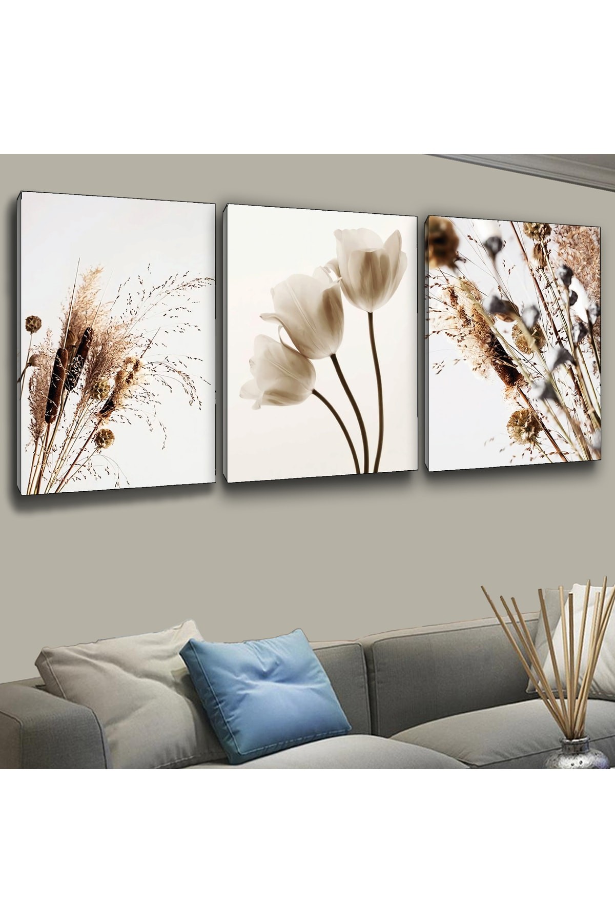 3'Lü Ahşap Şase Dijital Baskı Kanvas Sazlık Modern Tablo 90X60Cm