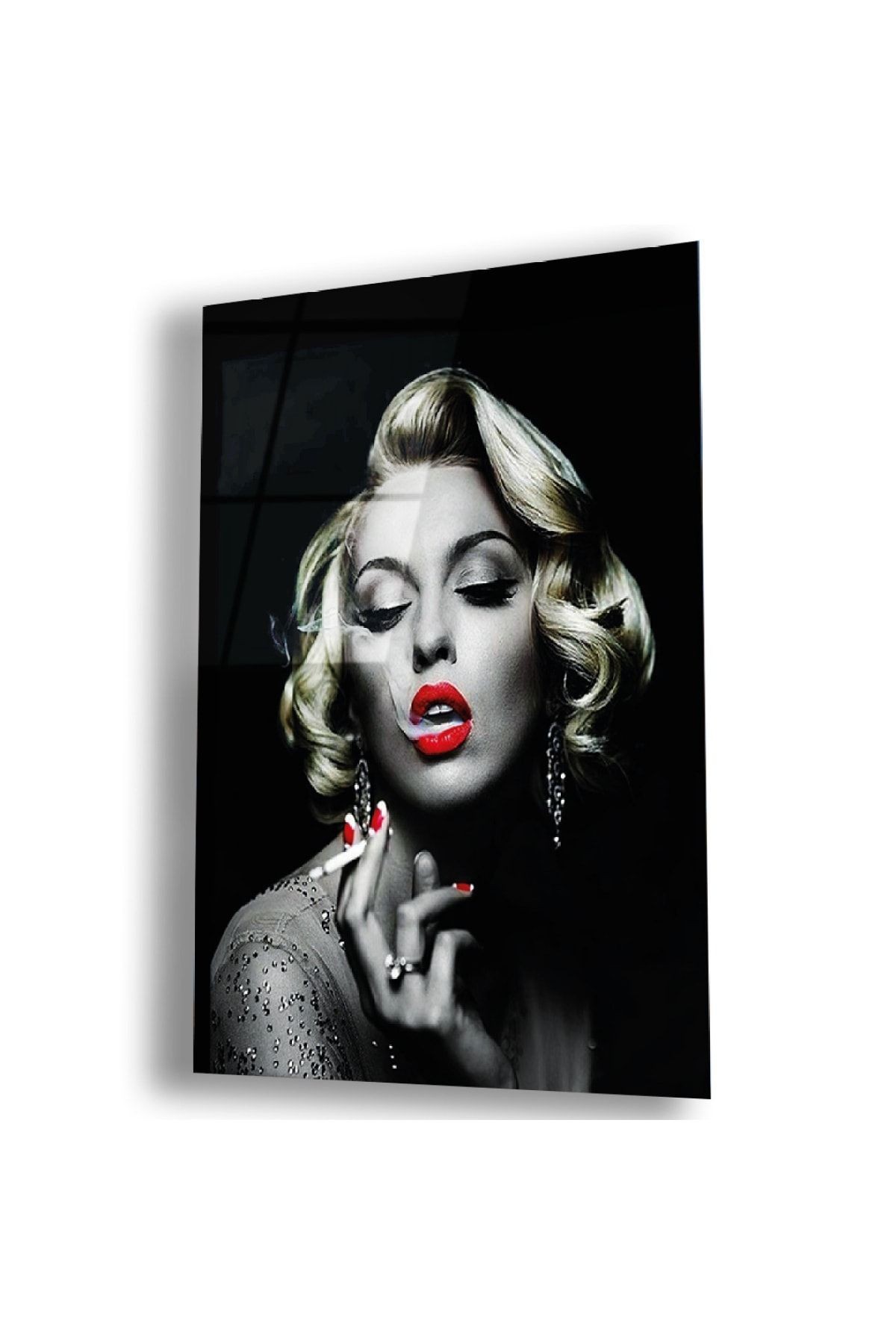 Çerçevesiz Dikey Siyah Arka Planlı Sigara Içen Marilyn Monroe Kırılmaz Cam Tablo