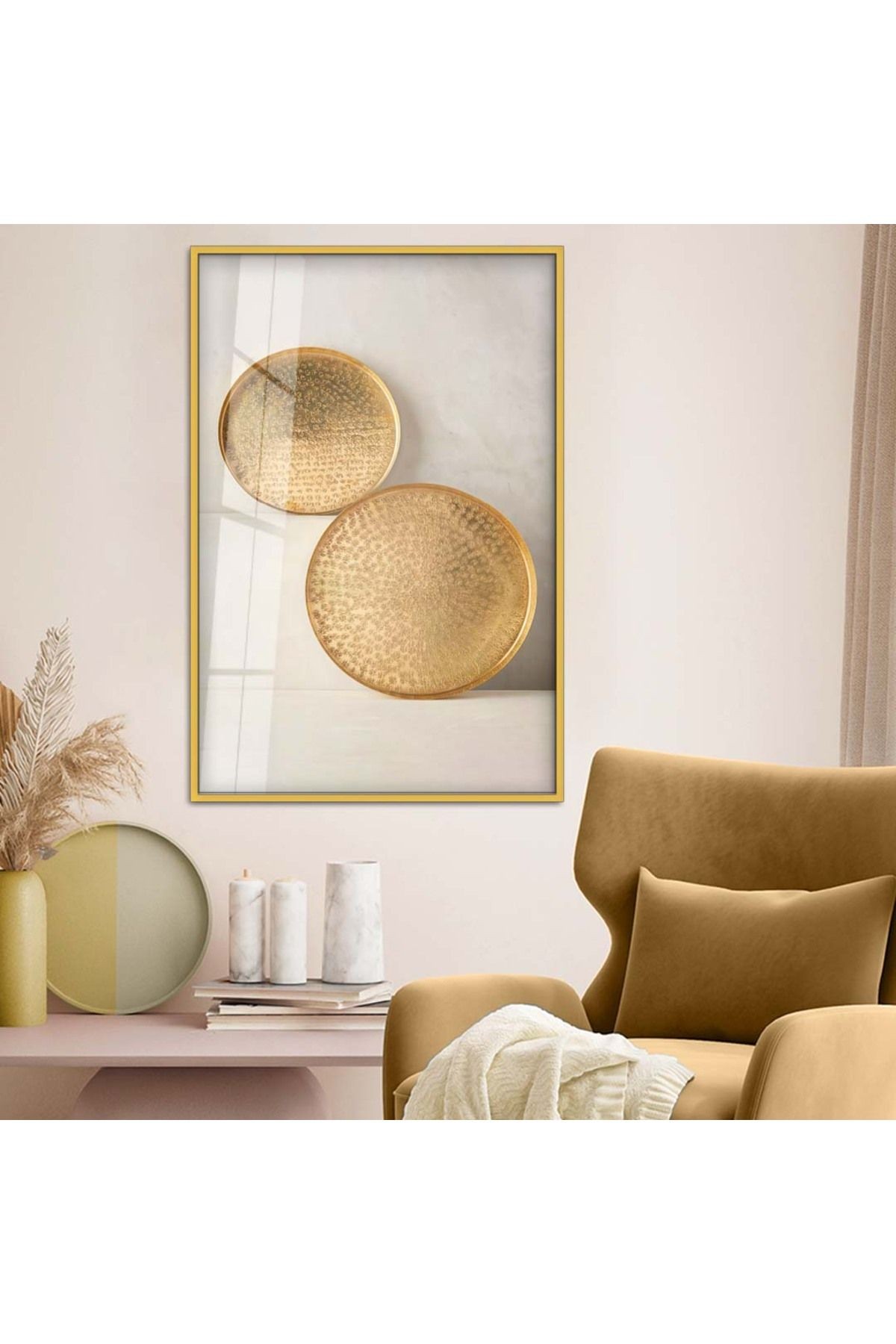 Gold Metal Çerçeveli Modern Çizim Soyut Tema Kırılmaz Cam Tablo