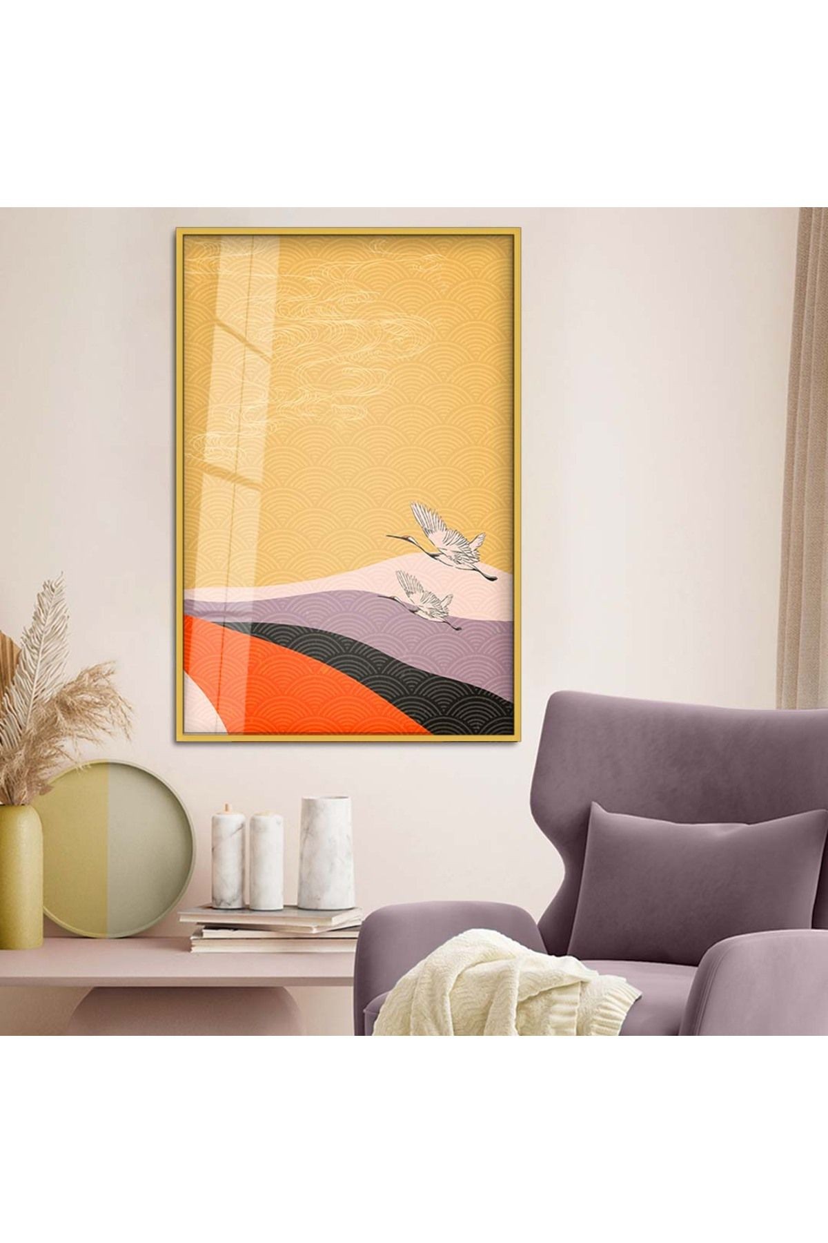 Gold Metal Çerçeveli Modern Çizim Kuş Figür Kırılmaz Cam Tablo