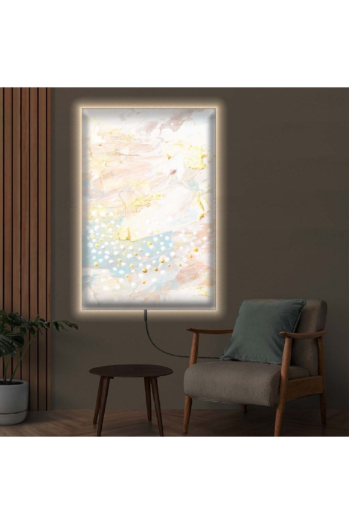 Modern Huzur Ledli Soyut Desen Ahşap Şase Dijital Baskı Kanvas Tablo 90X60Cm