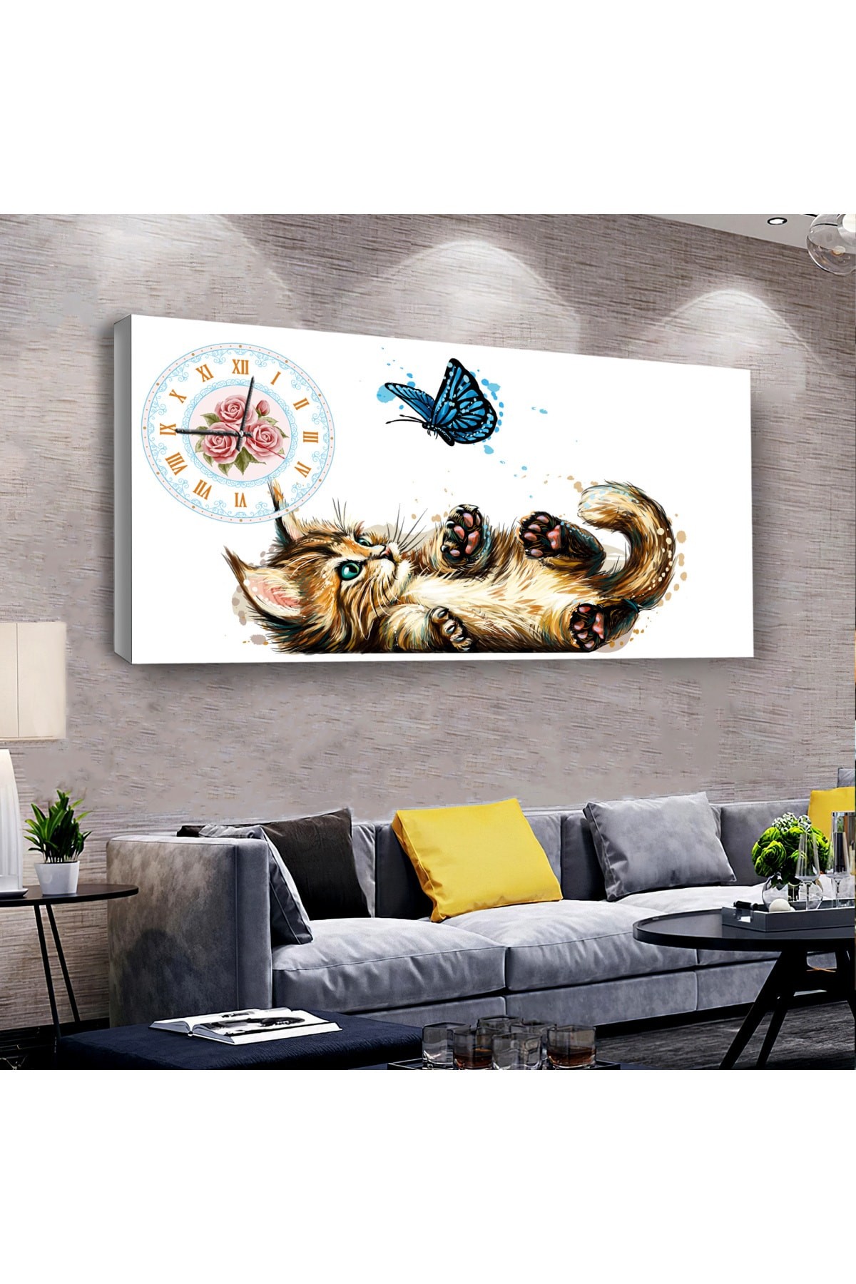 Mavi Kelebek Ve Kedicik saatliAhşap Şase Dijital Baskı Kanvas Tablo 100X50Cm
