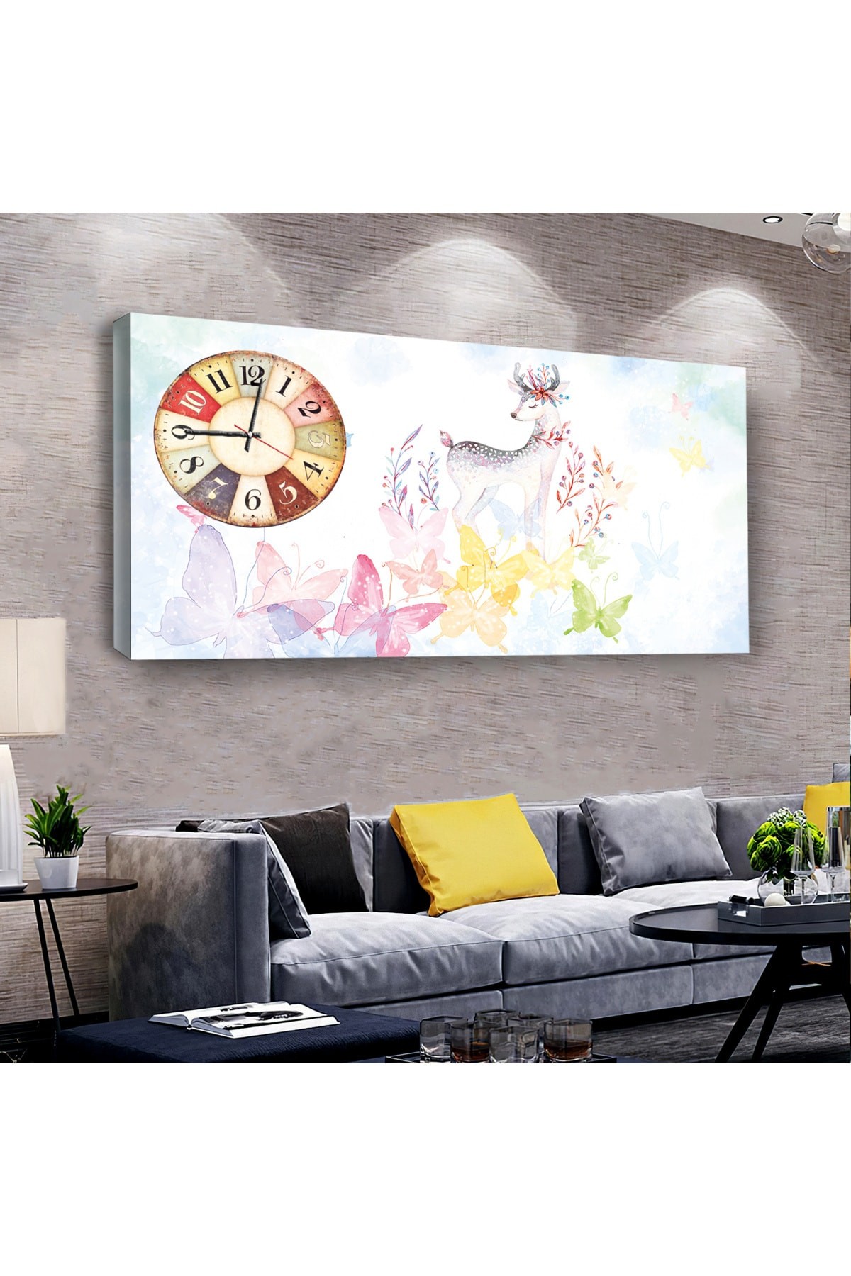 Modern Tablo Kız Çocuğu Odası saatliAhşap Şase Dijital Baskı Kanvas Tablo 100X50Cm