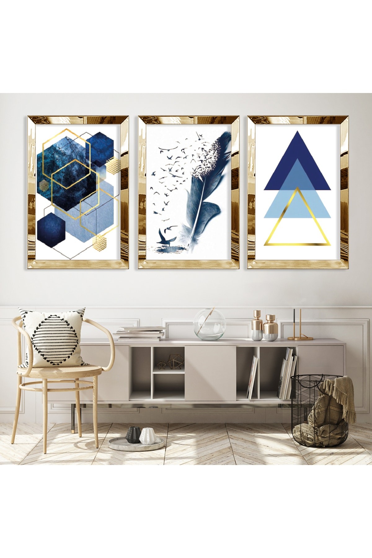 Salon Tablosu Mavi Renkli Gold Pleksili Saat Ve Solmaz MDF Tablo