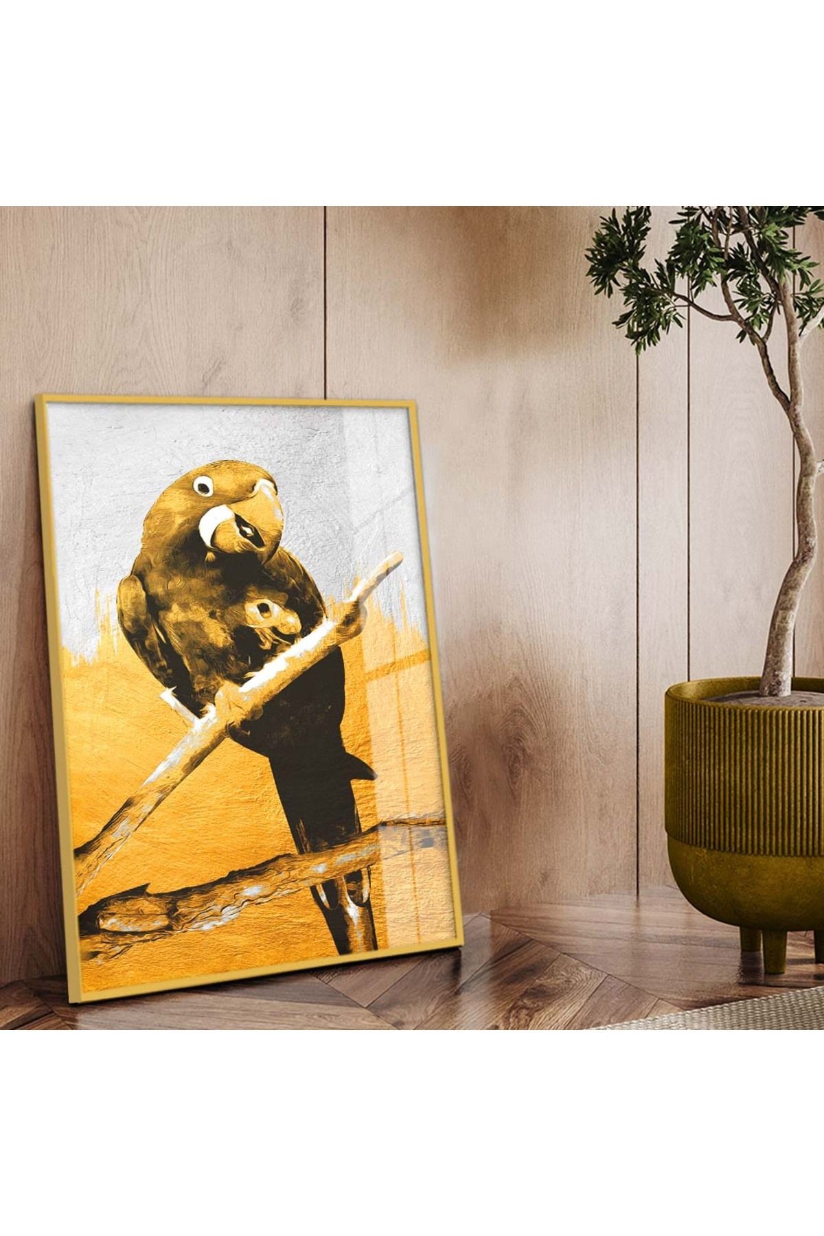 Gold Metal Çerçeveli Modern Çizim Papağan Figür Kırılmaz Cam Tablo
