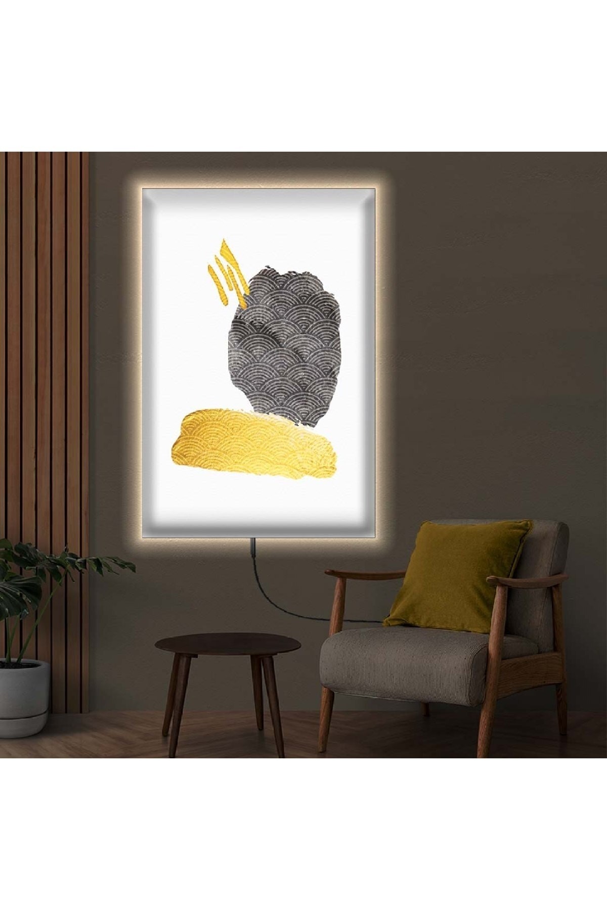 Minimal Modern Tablo Ledli Soyut Desen Ahşap Şase Dijital Baskı Kanvas Tablo 50X70Cm