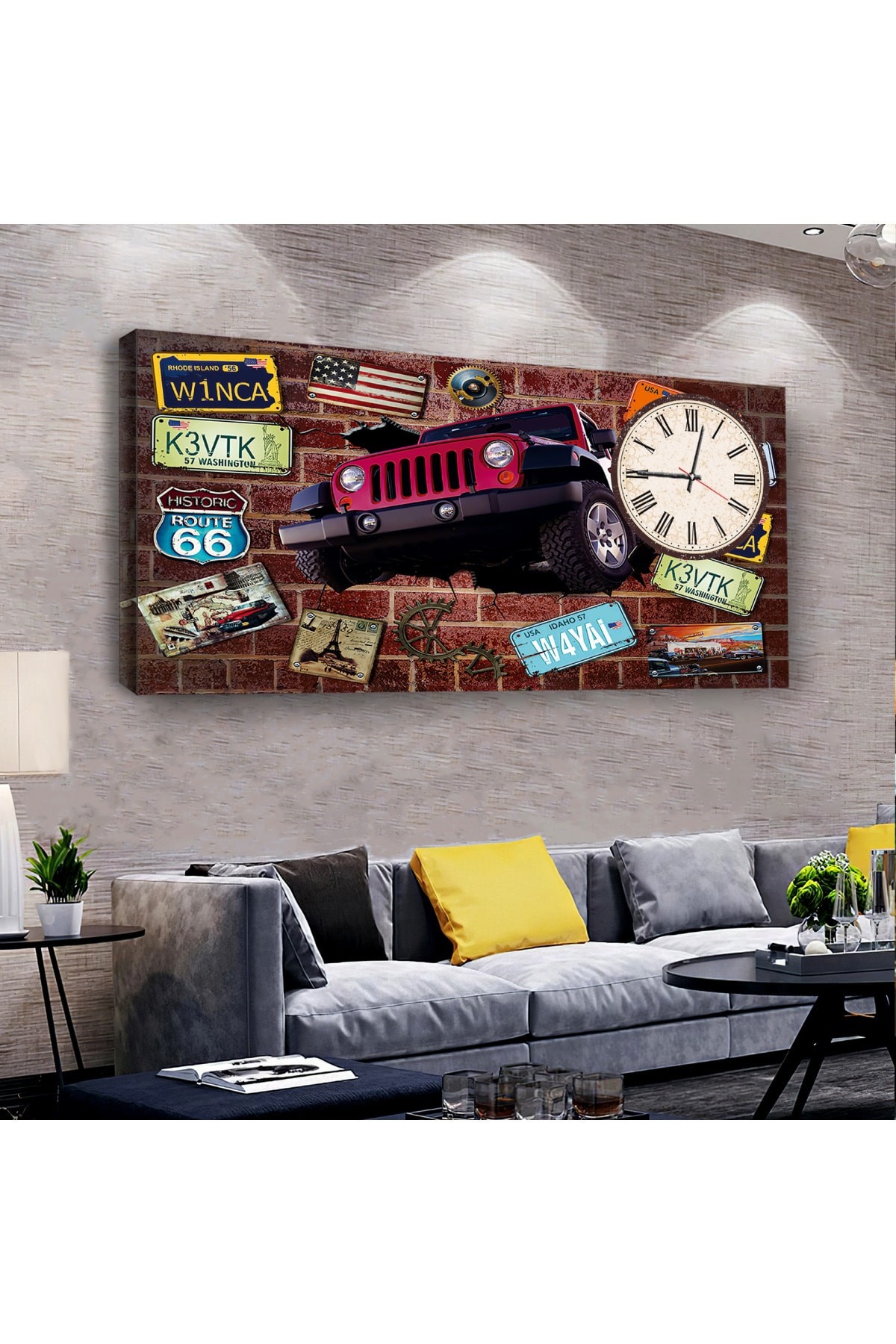 Cip Araç saatliAhşap Şase Dijital Baskı Kanvas Tablo 120X60Cm