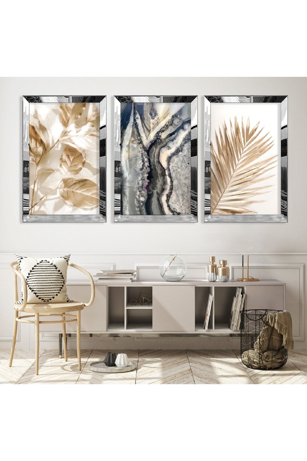 Gold Aynalı Pleksi Çerçeveli Modern Çizim Üçlü Mdf Tablo Seti