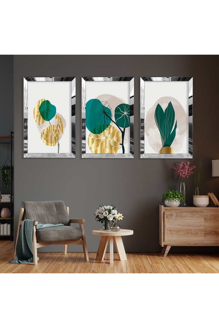 Minimalist Soyut Desen Bitki Gold Pleksi Kenar 3'Lü Solmaz MDF Tablo