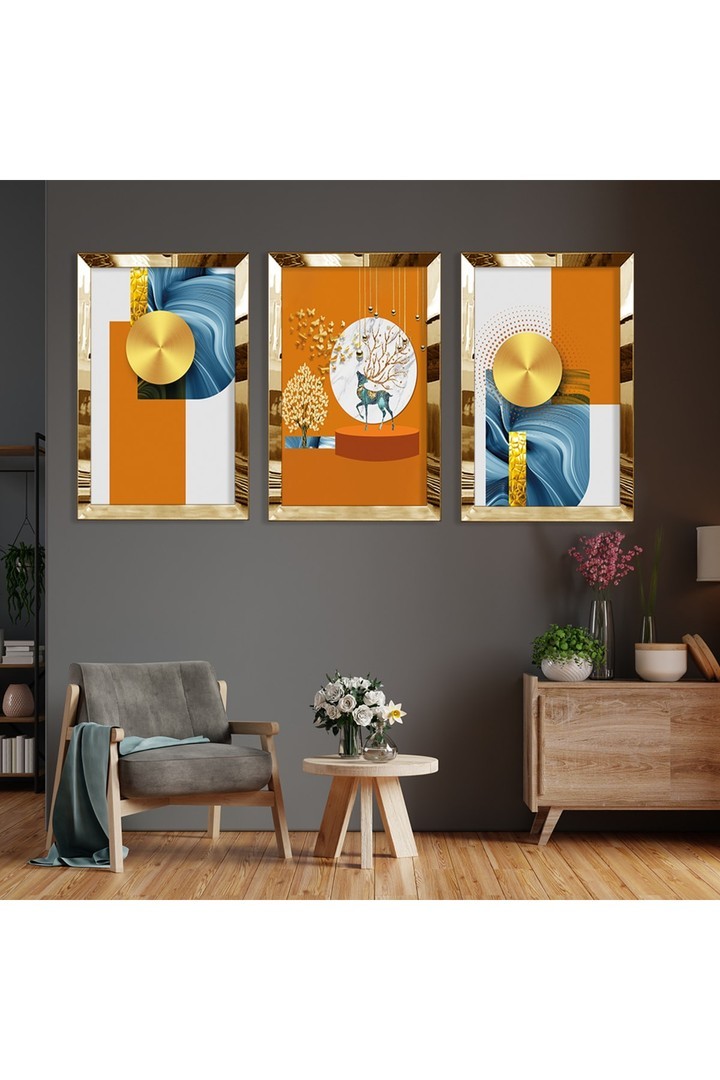 Tasarım Sanat Tablosu Soyut Desen Gold Pleksi Kenar 3'Lü Solmaz MDF Tablo
