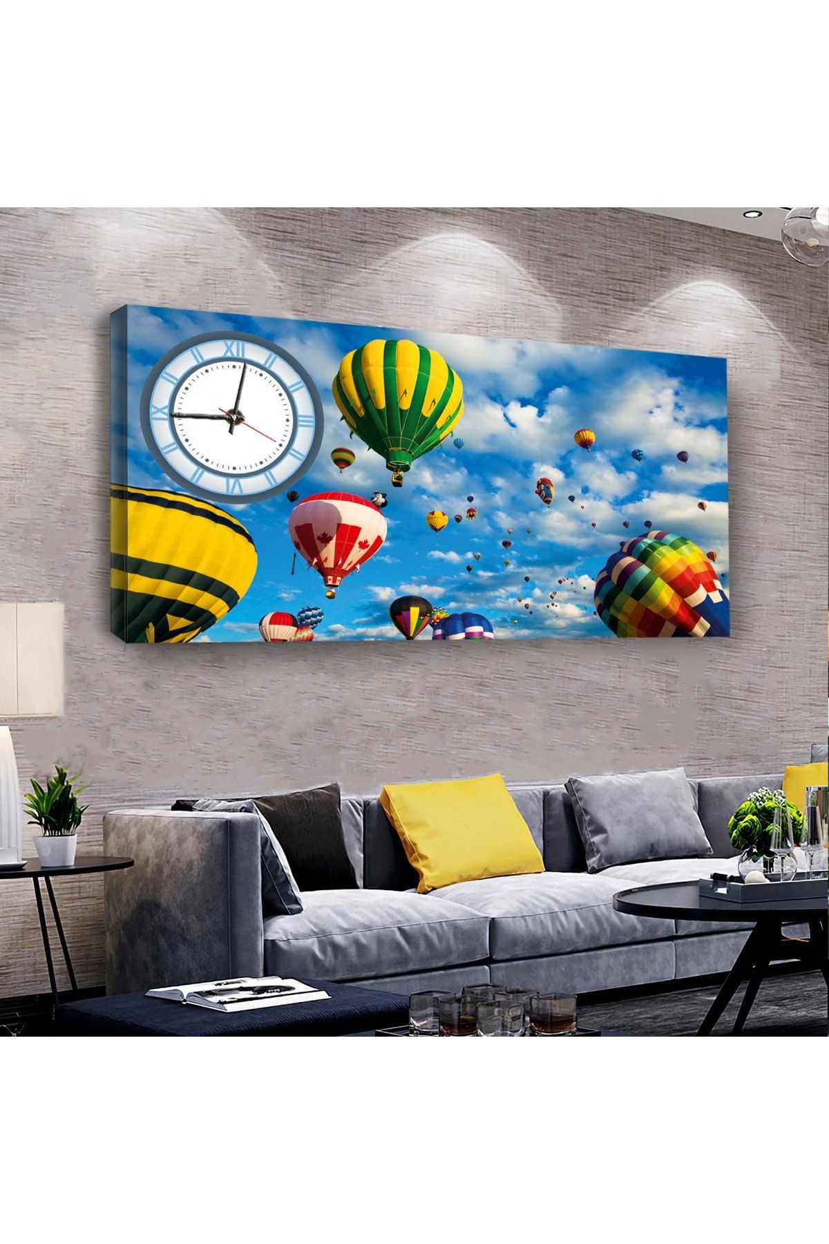 Uçan Balonlar 120 X 60 Saatli Kanvas Tablo