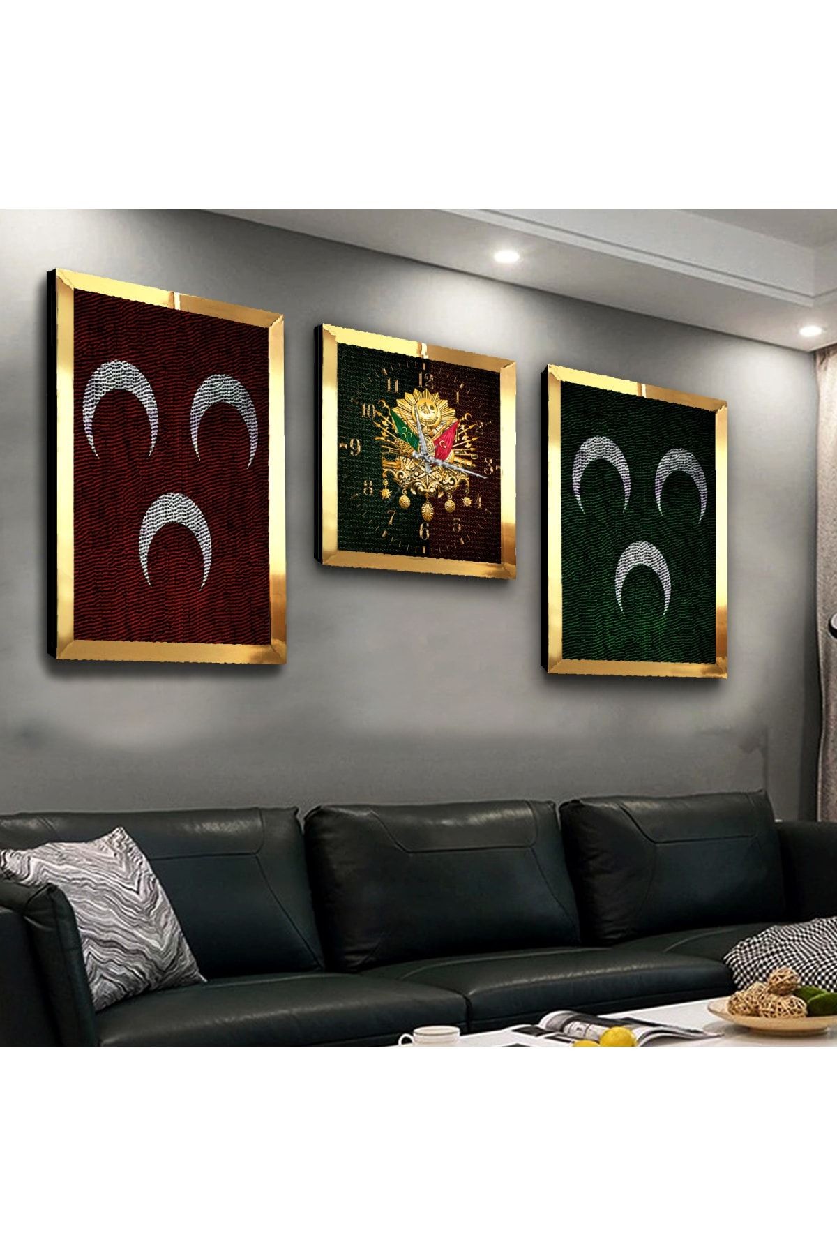 Gold Aynalı Pleksi Çerçeveli Osmanlı Tuğrası Ve 3hilal Üçlü Mdf Tablo Seti Ve Saat Seti