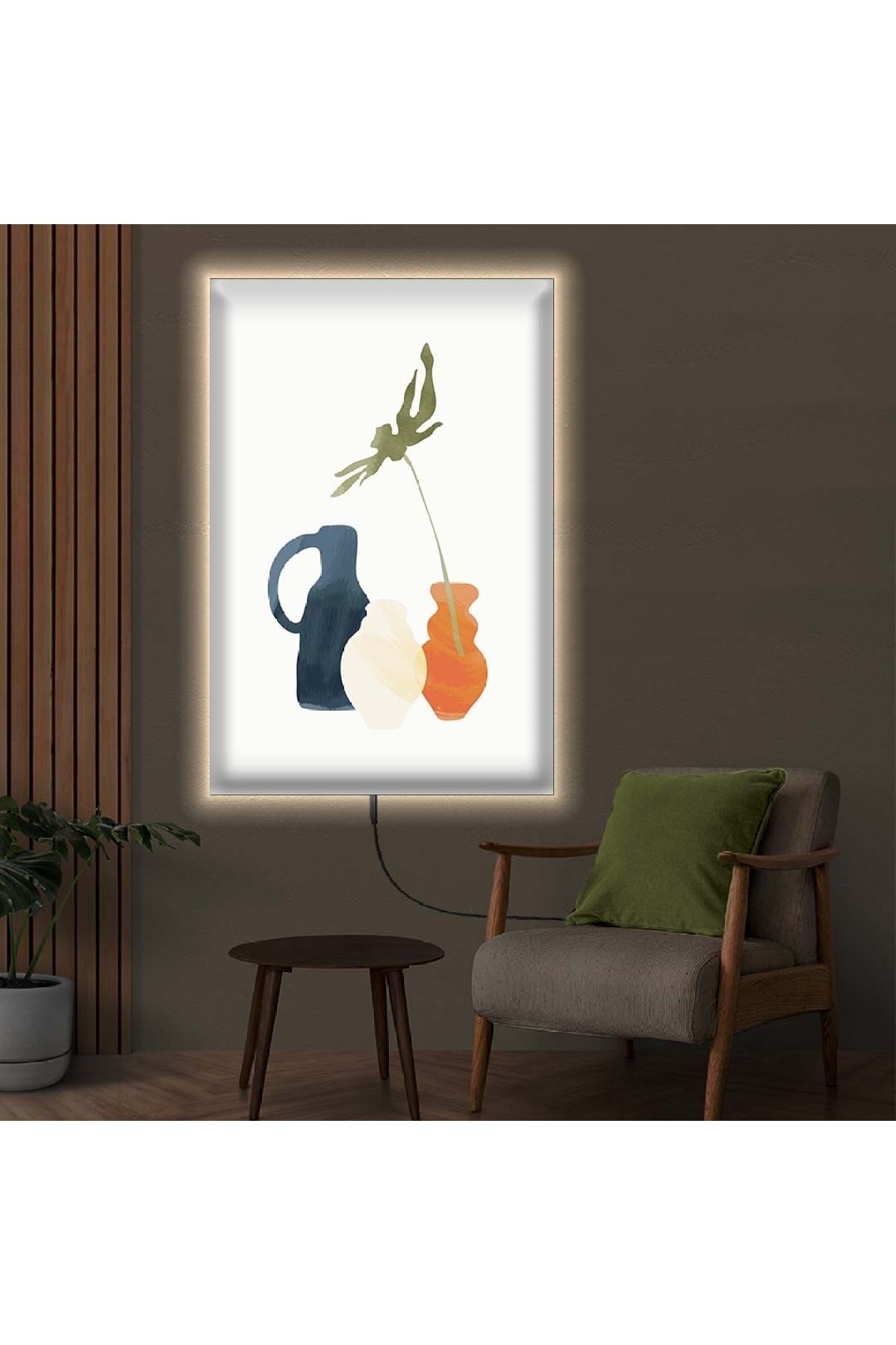 Özel Tasarım Ledli Kolaj Çizim Vazo Ahşap Şase Dijital Baskı Kanvas Tablo 90X60Cm
