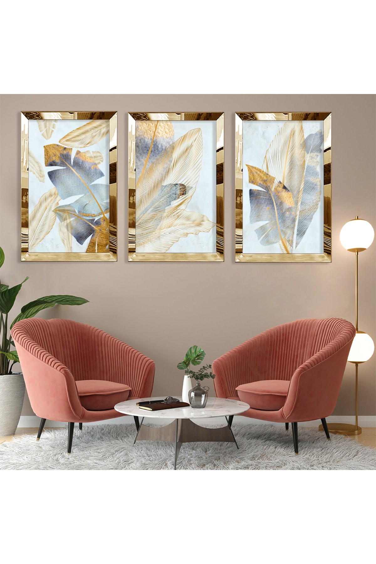 Tasarım Soyut Desen Gold Pleksi Kenar 3'Lü Solmaz MDF Tablo