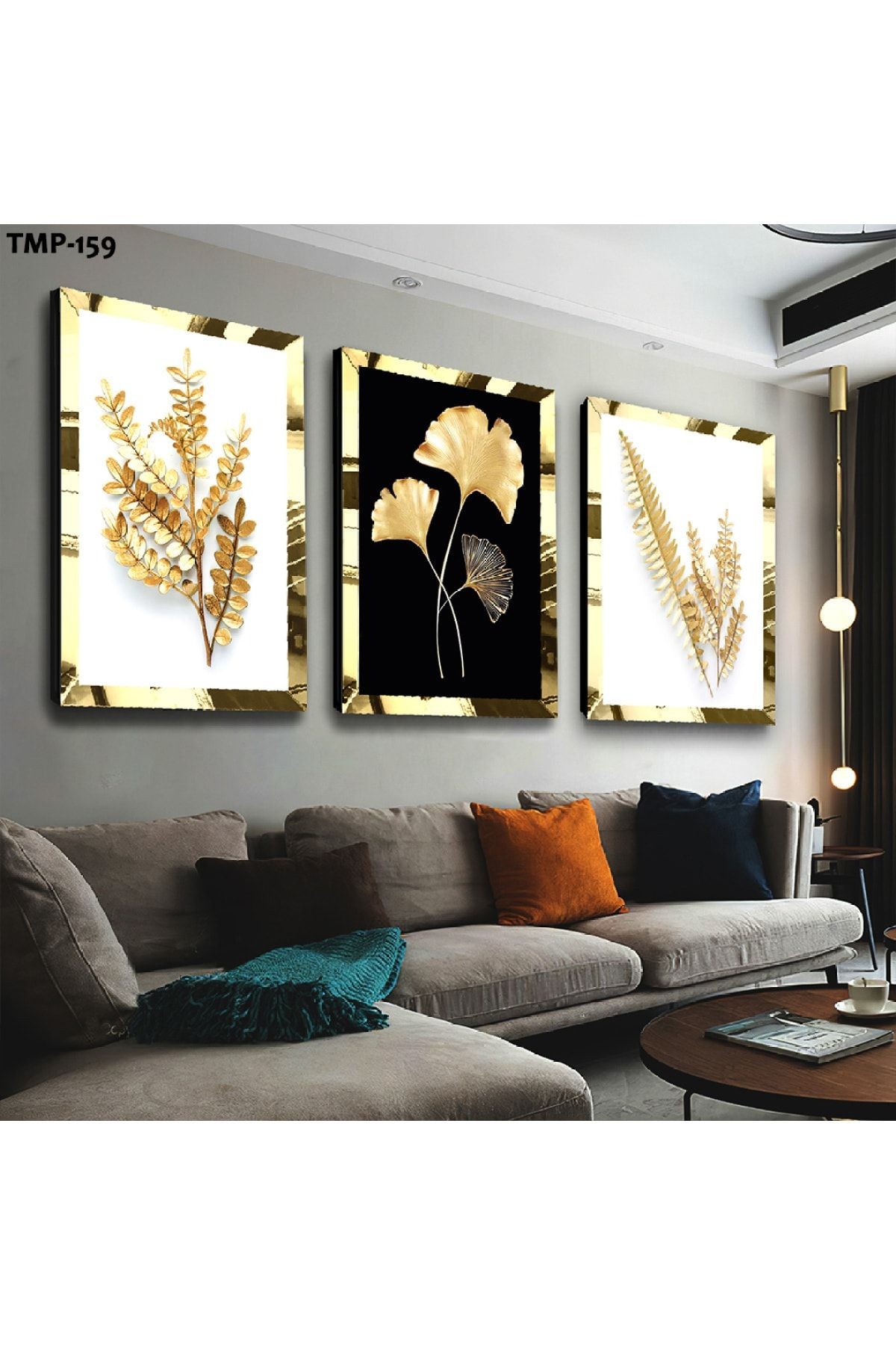 Gold Aynalı Pleksi Çerçeveli Buğday Çiçeği Üçlü Mdf Tablo Seti